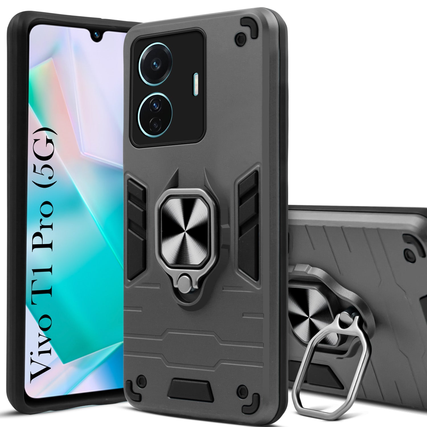For Vivo T1 Pro 5G Back Cover Case Hybrid Armor (Shockproof Dual Layer Polycarbonate |Ring Holder Kickstand)