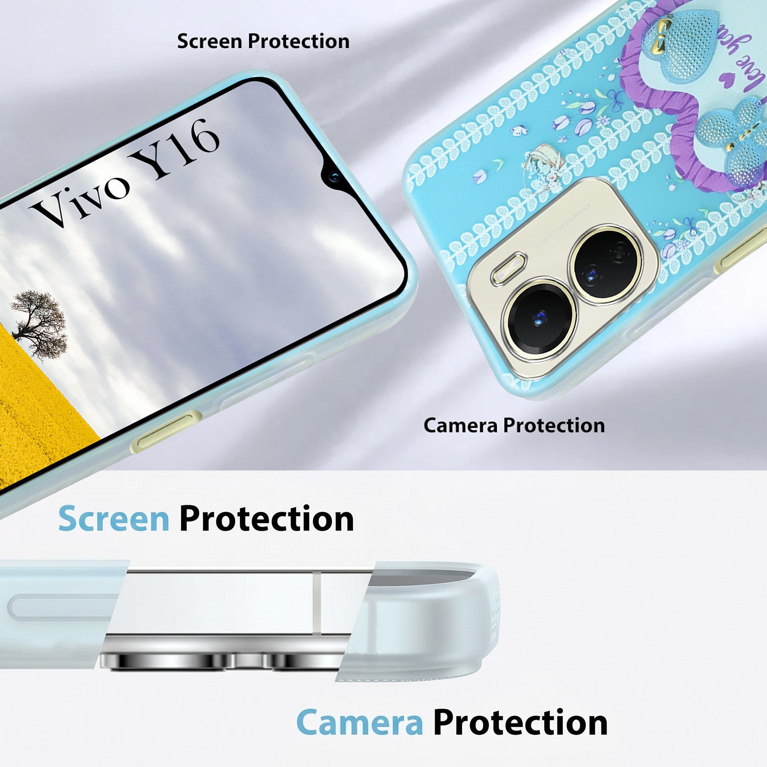 For Vivo Y16 Back Cover Case (3D Cute Heart Strap Holder | Camera Protection | Designer Girls Print)