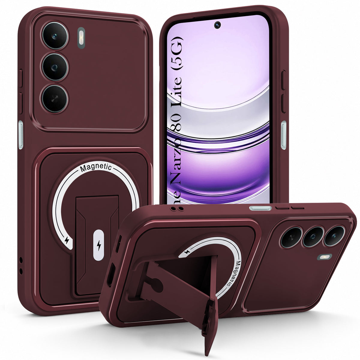 For Realme Narzo 80 Lite 5G Back Case Cover Metallic (Hybrid Armor Kickstand | MagSafe Compatible | Camera Protection Shockproof)