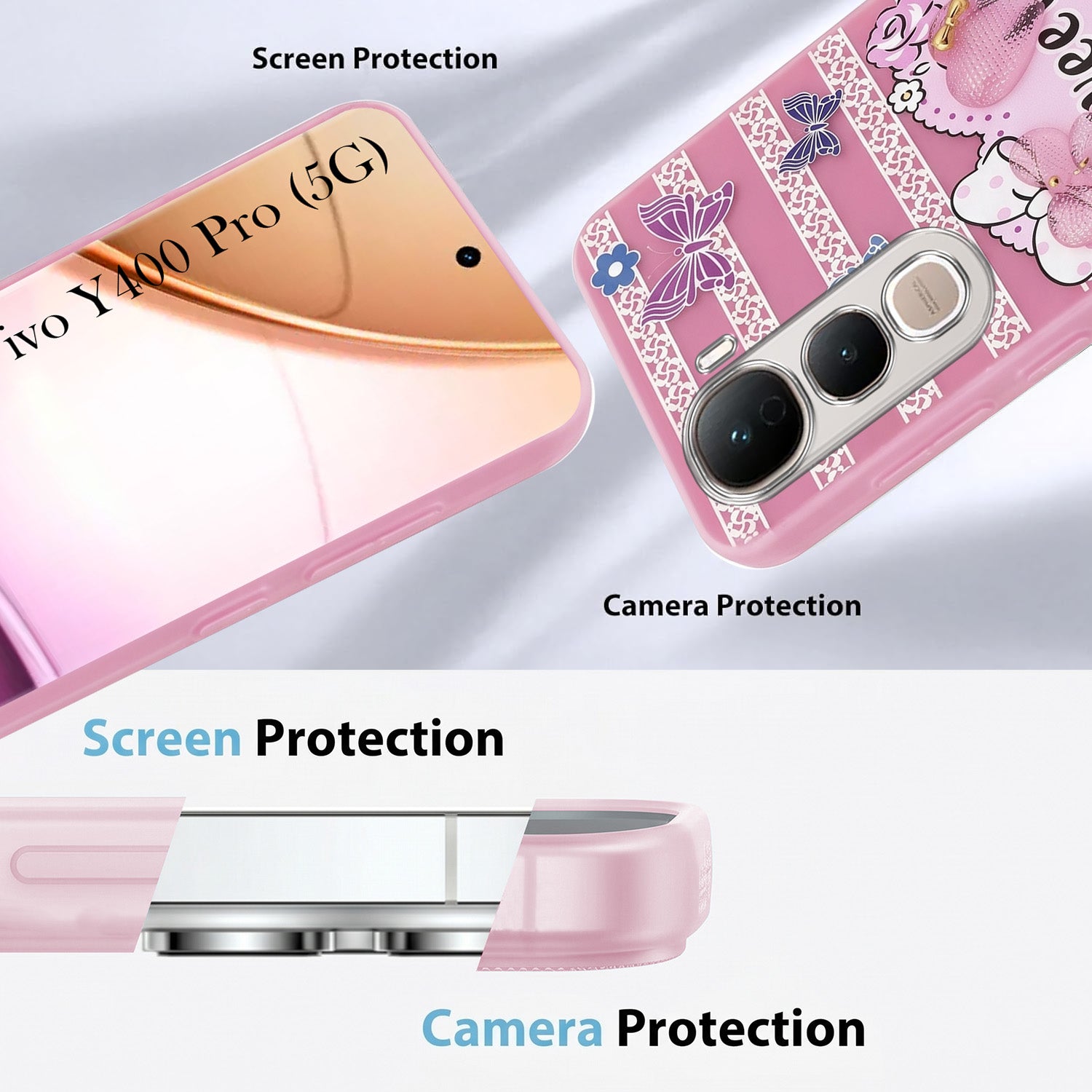 For Vivo Y400 Pro Back Cover Case (3D Cute Heart Strap Holder | Camera Protection | Designer Girls Print)