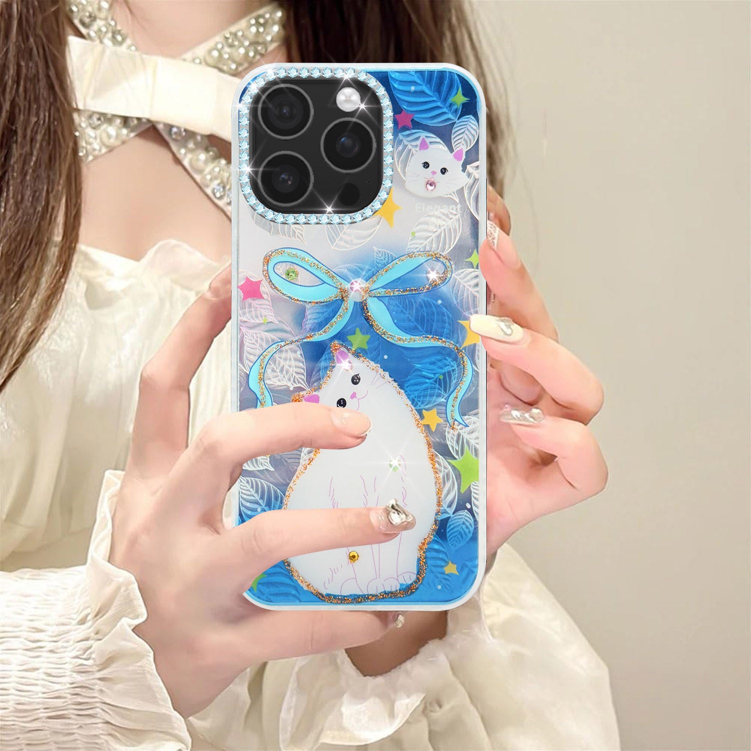 For iPhone 16 Pro Max Back Cover Case (Luxury Floral Glitter Cute Butterfly | Diamond Studded Camera Bump | Girls & Women Design)