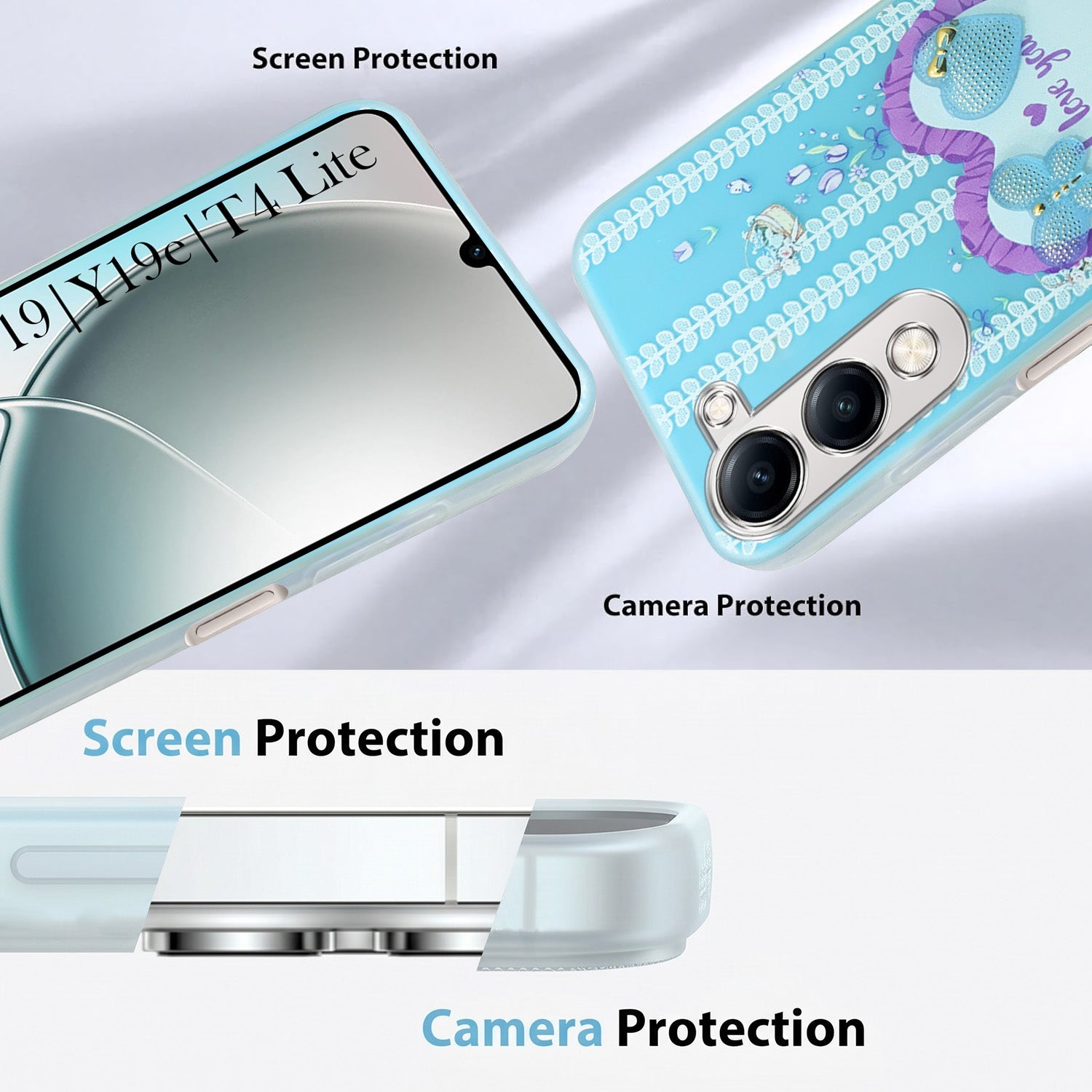 For Vivo Y19 | Vivo Y19e | Vivo T4 Lite Back Cover Case (3D Cute Heart Strap Holder | Camera Protection | Designer Girls Print)