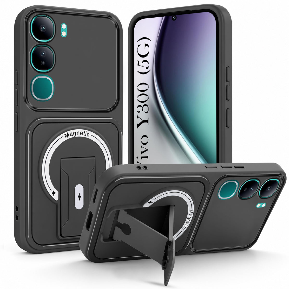 For Vivo Y300 Back Case Cover Metallic (Hybrid Armor Kickstand | MagSafe Compatible | Camera Protection Shockproof)