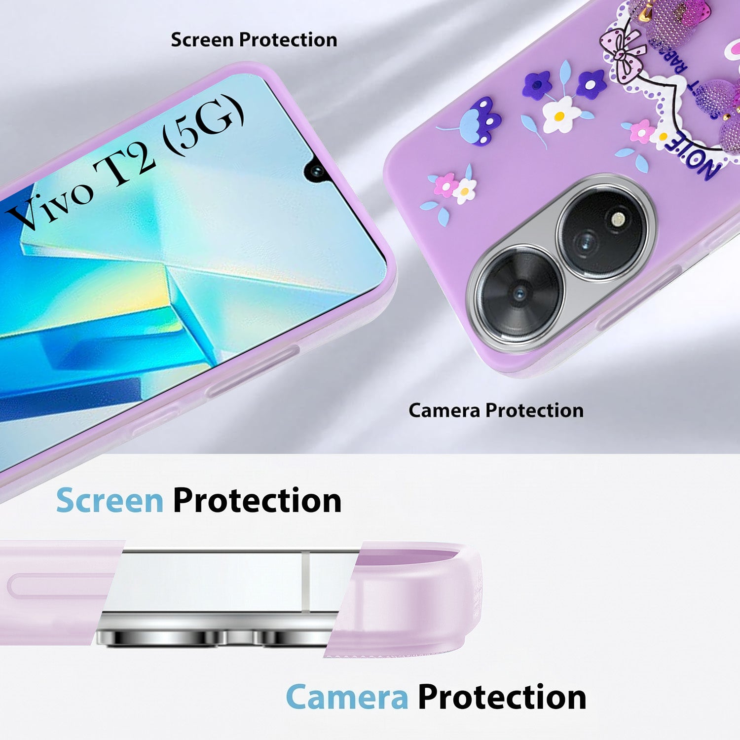 For Vivo T2 Back Cover Case (3D Cute Heart Strap Holder | Camera Protection | Designer Girls Print)