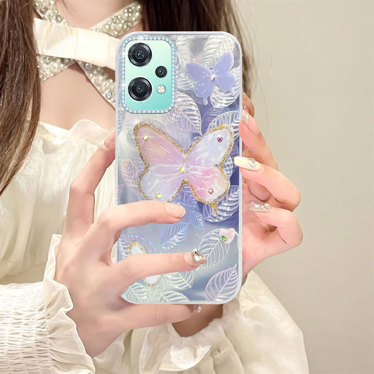 For OnePlus Nord CE 2 Lite Back Cover Case (Luxury Floral Glitter Cute Butterfly | Diamond Studded Camera Bump | Girls & Women Design)