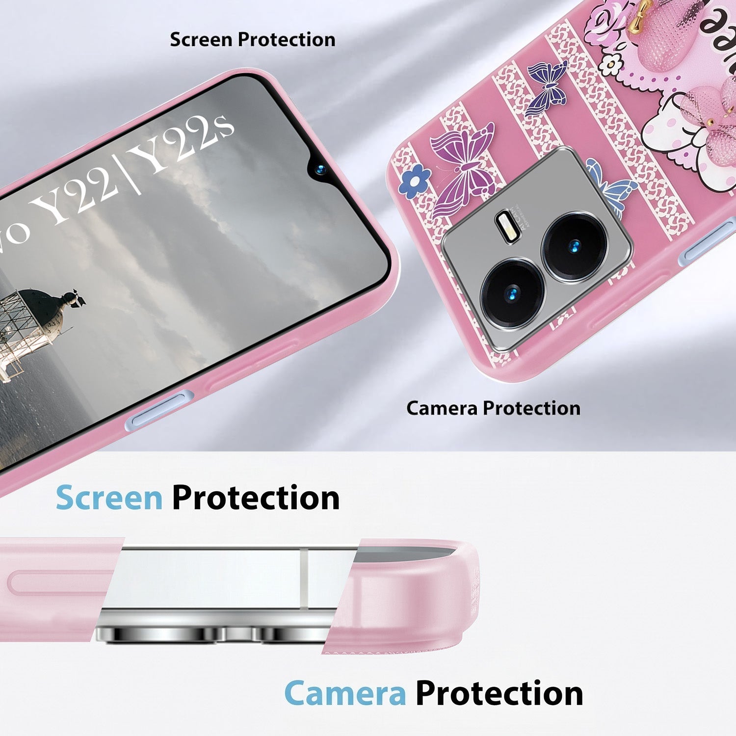 For Vivo Y22 | Vivo Y22s Back Cover Case (3D Cute Heart Strap Holder | Camera Protection | Designer Girls Print)