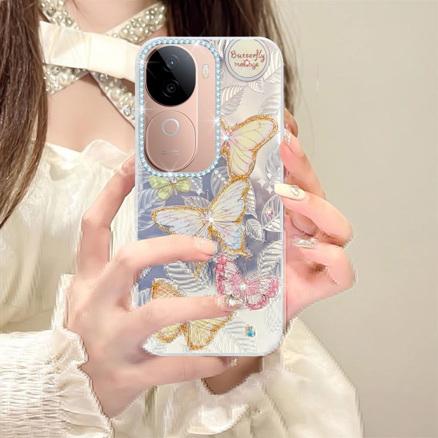 For Vivo V40e Back Cover Case (Luxury Floral Glitter Cute Butterfly | Diamond Studded Camera Bump | Girls & Women Design)