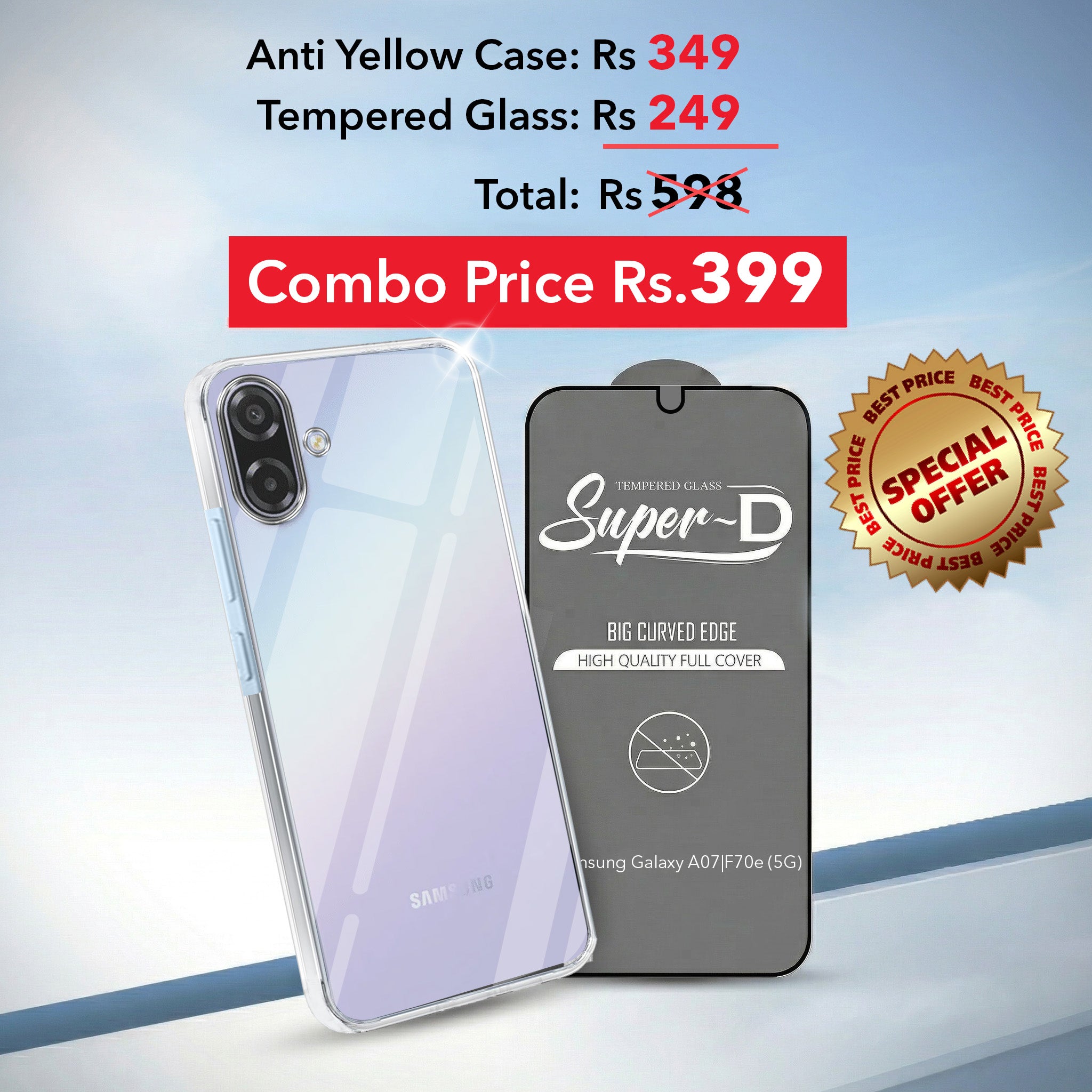 For Samsung Galaxy A07 5G | F70e 5G Combo with Back Cover and 9H Tempered Glass (Lifetime Anti-Yellow | Sleek Hard Crystal | Oleophobic Coating Screen Glass)