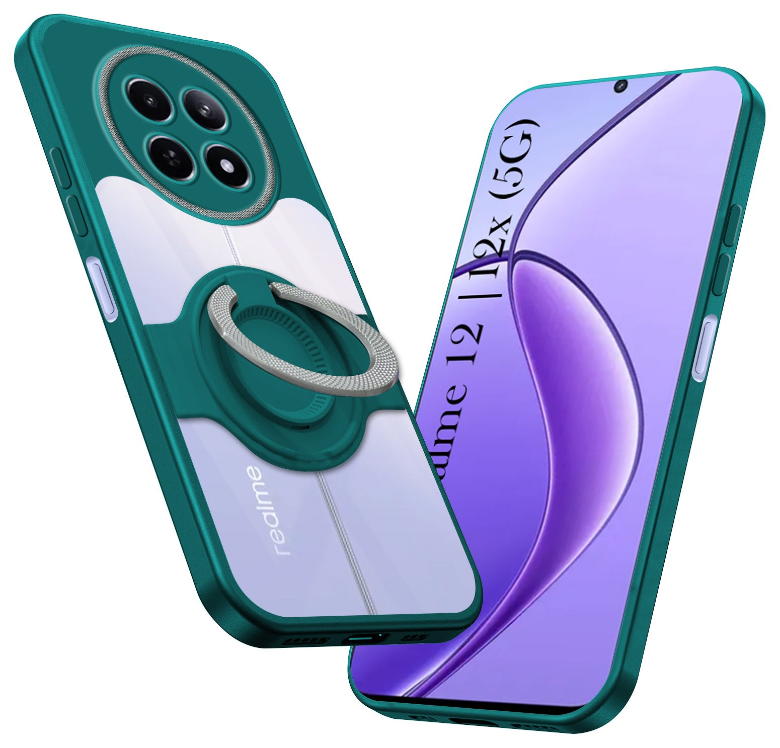 For Realme 12 | Realme 12X Back Cover Case with stand (Built-in Ring Holder Kickstand | Lifetime Anti Yellow | Camera Protection)