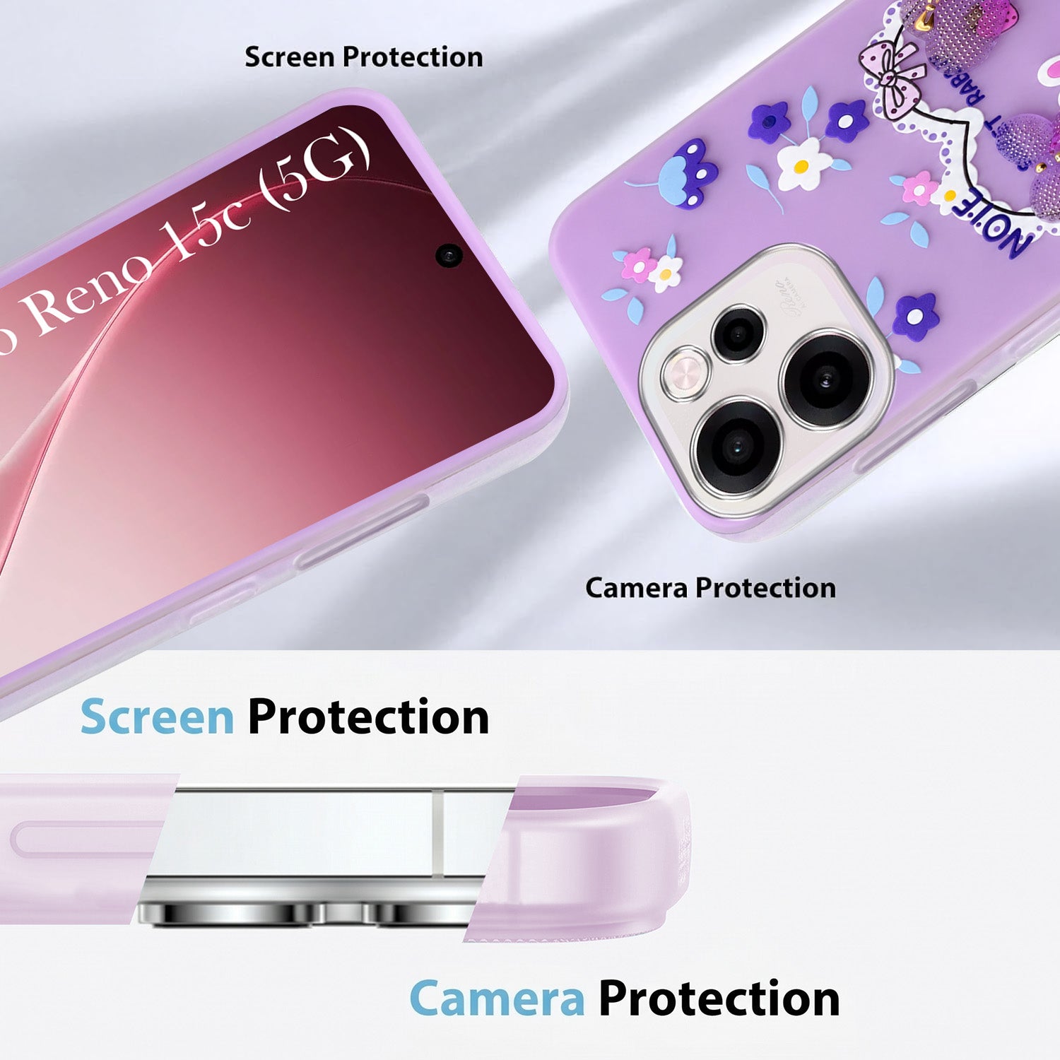 For Oppo Reno 15c Back Cover Case (3D Cute Heart Strap Holder | Camera Protection | Designer Girls Print)