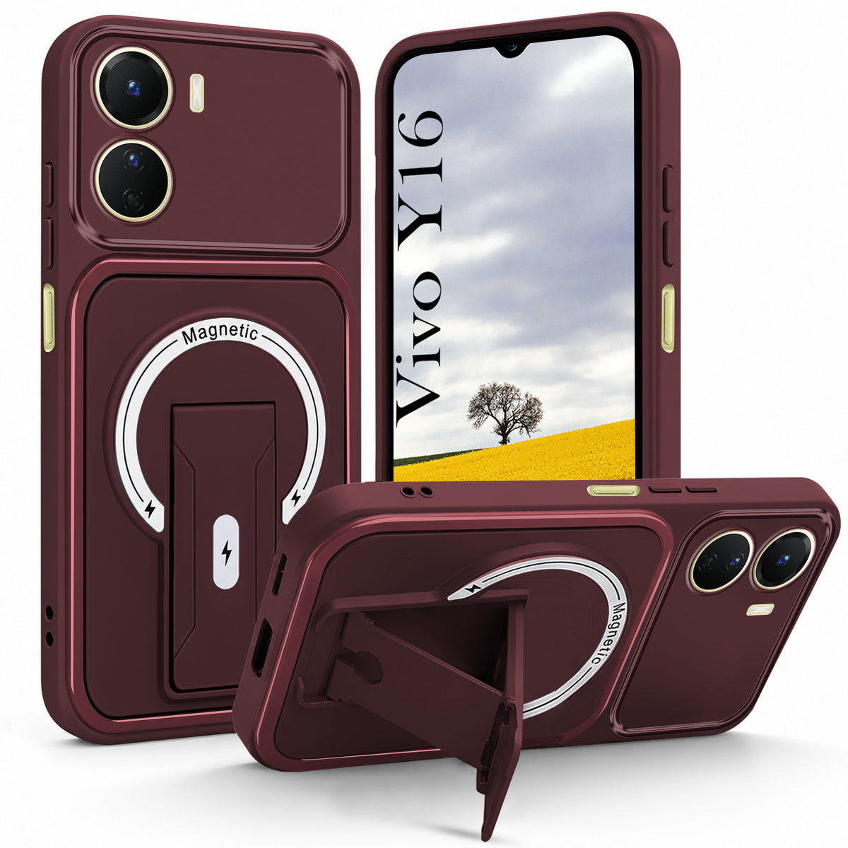 For Vivo Y16 Back Case Cover Metallic (Hybrid Armor Kickstand | MagSafe Compatible | Camera Protection Shockproof)