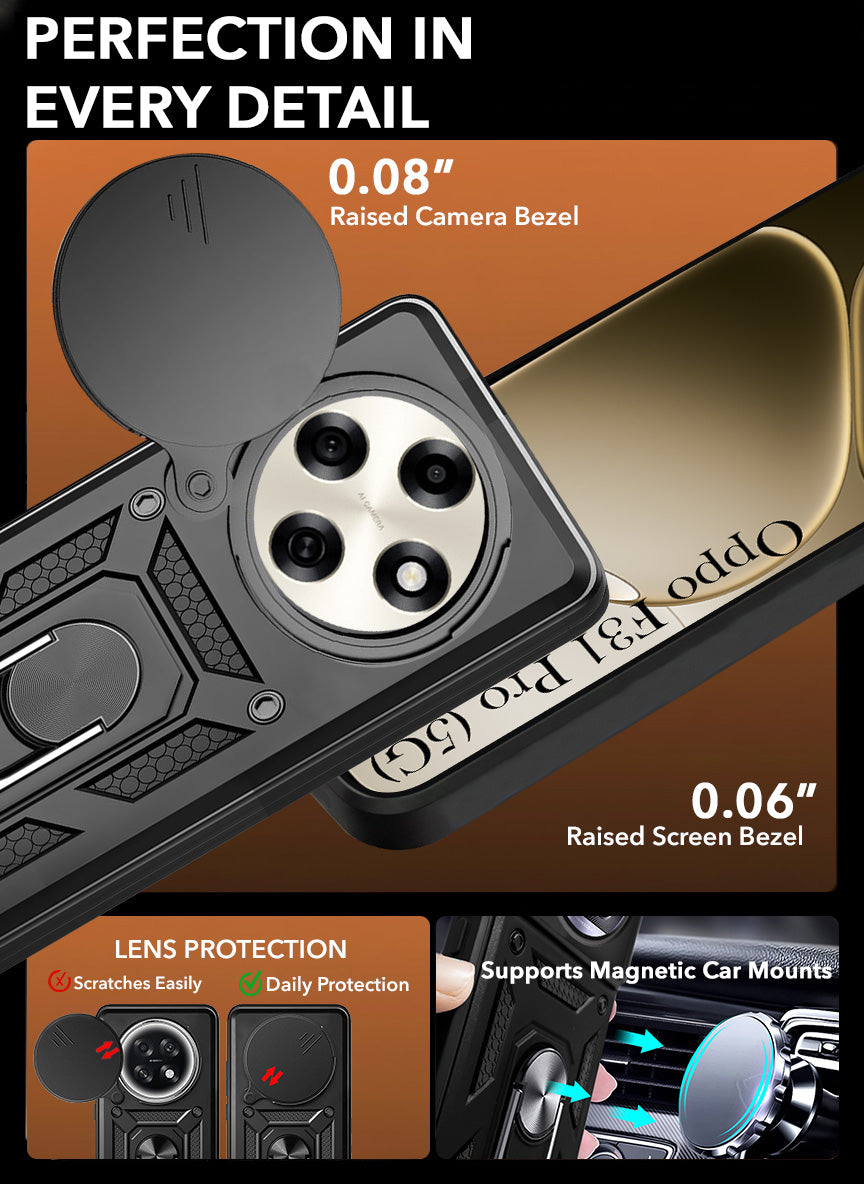 For Oppo F31 Pro Hybrid Armor Back Cover Case (Sliding Shutter Camera Protection | Polycarbonate |Ring Holder Kickstand)