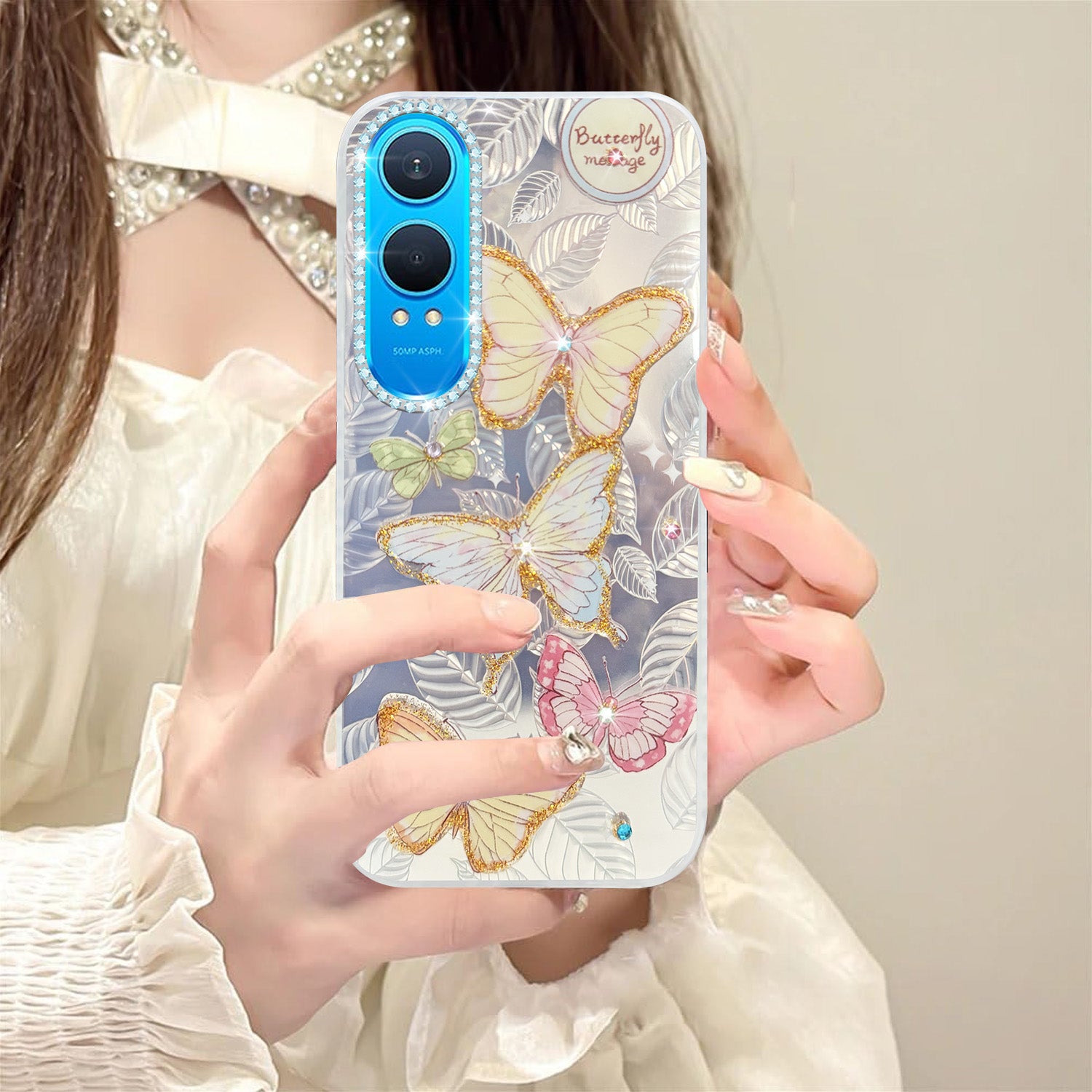 For OnePlus Nord CE 4 Lite Back Cover Case (Luxury Floral Glitter Cute Butterfly | Diamond Studded Camera Bump | Girls & Women Design)
