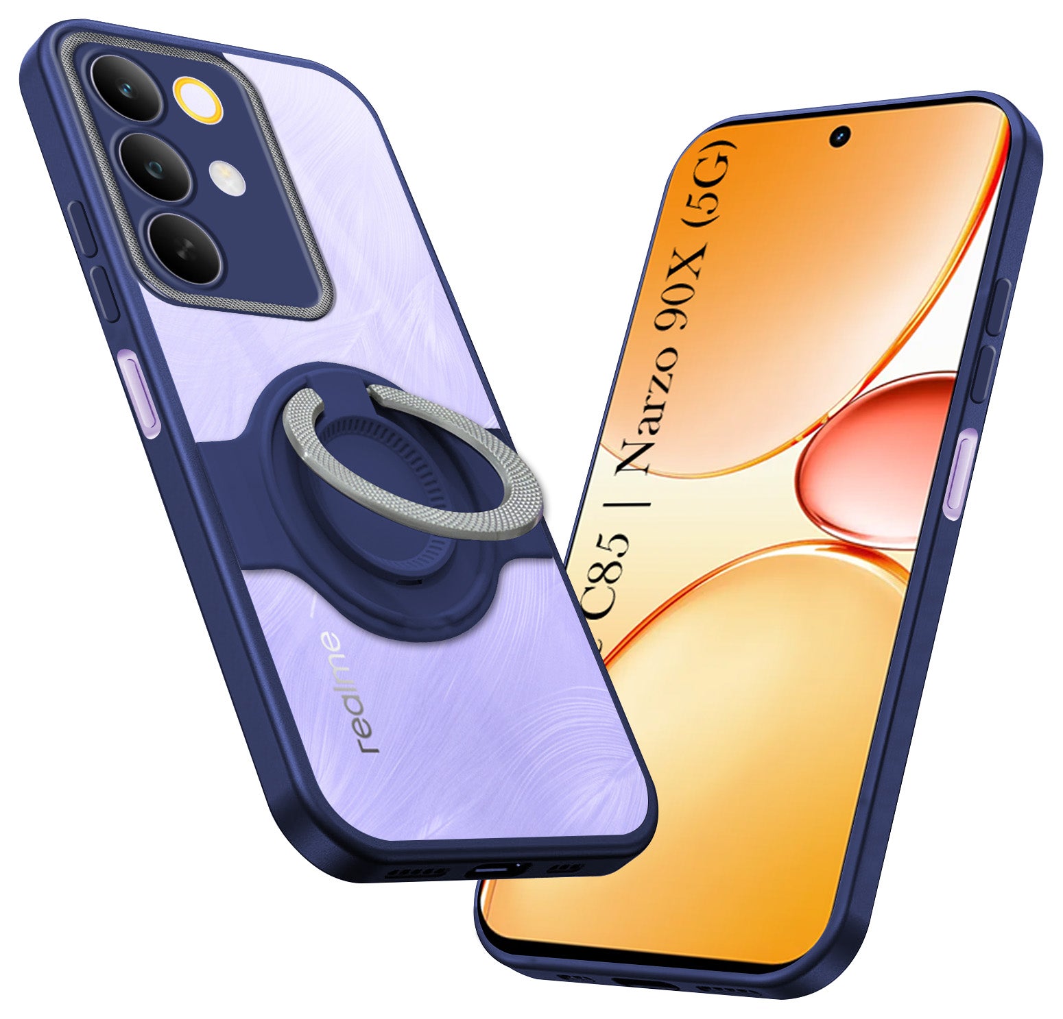 For Realme C85 5G | Realme Narzo 90x Back Cover Case with stand (Built-in Ring Holder Kickstand | Lifetime Anti Yellow | Camera Protection)