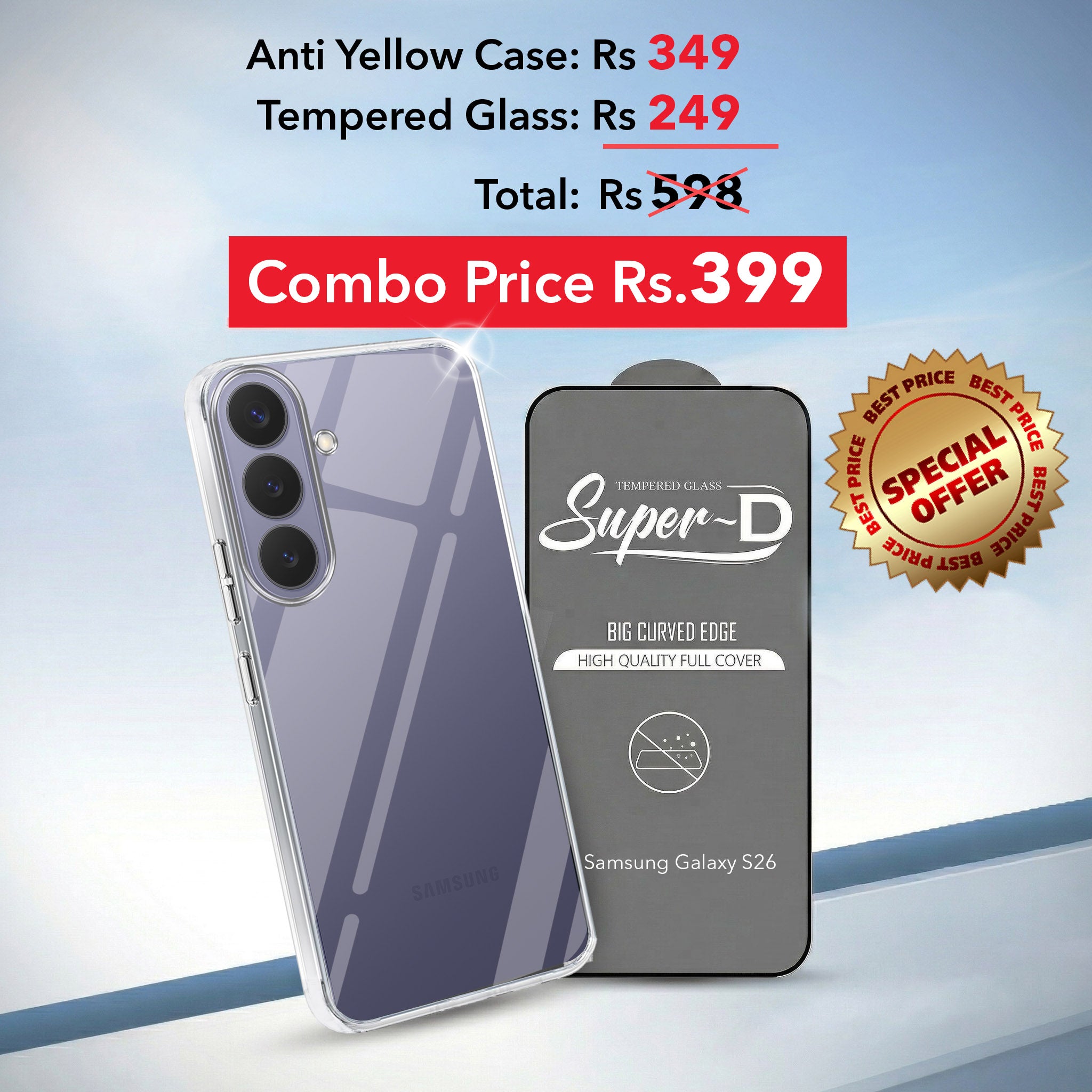 For Samsung Galaxy S26 Combo with Back Cover and 9H Tempered Glass (Lifetime Anti-Yellow | Sleek Hard Crystal | Oleophobic Coating Screen Glass)