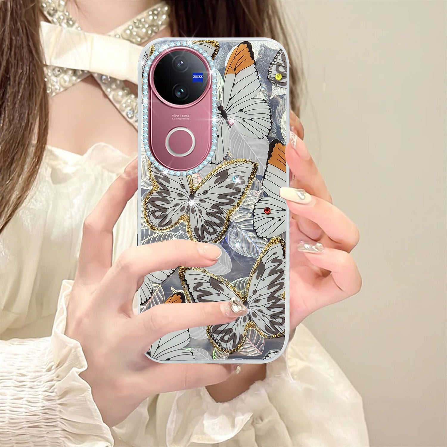 For Vivo V50 | Vivo V50e Back Cover Case (Luxury Floral Glitter Cute Butterfly | Diamond Studded Camera Bump | Girls & Women Design)