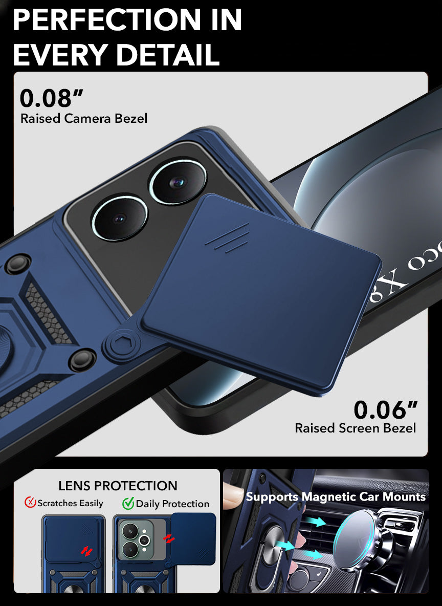 For Poco X8 Pro Back Cover Case Hybrid Armor (Sliding Shutter Camera Protection | Polycarbonate |Ring Holder Kickstand)