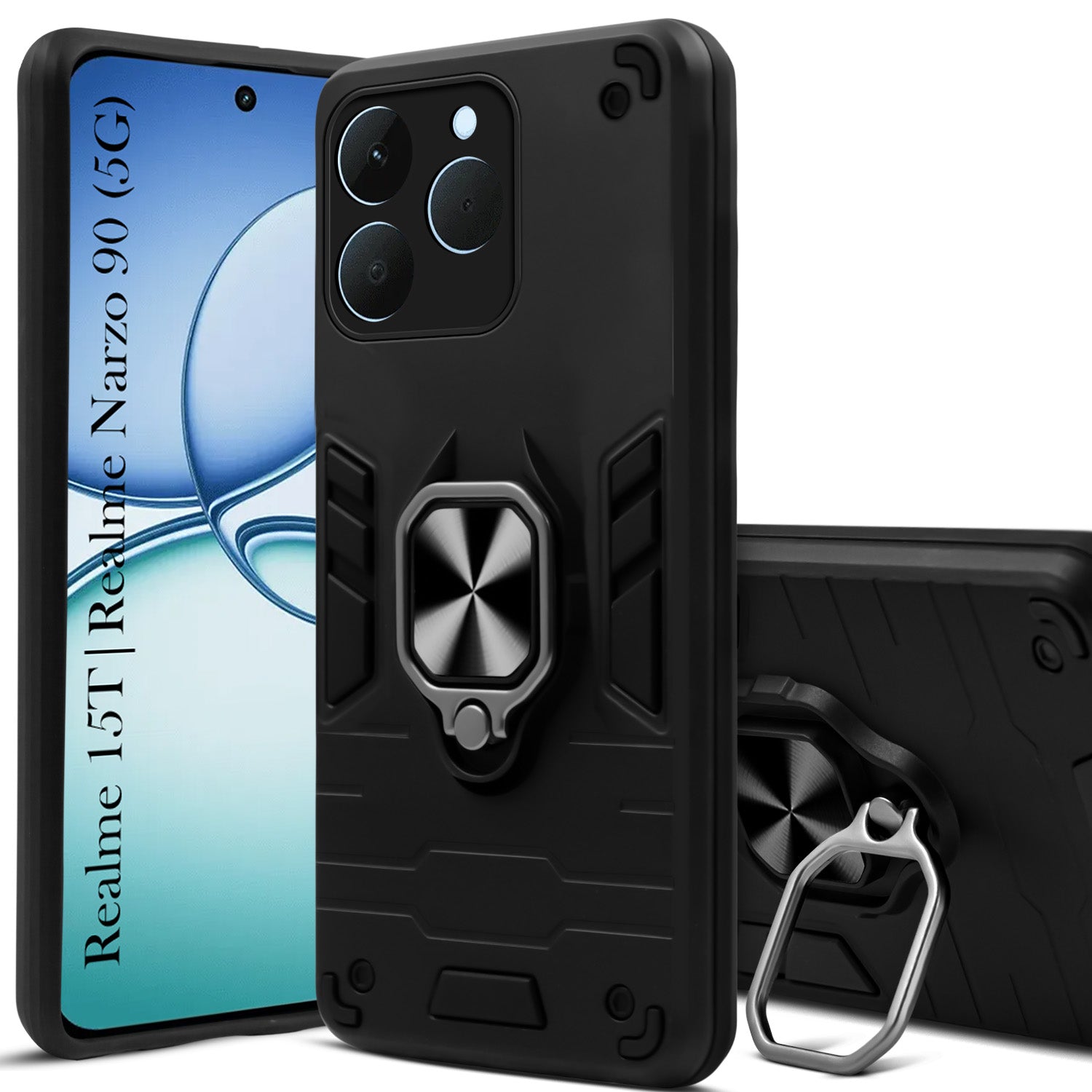 For Realme 15T | Realme Narzo 90 Back Cover Case Hybrid Armor (Shockproof Dual Layer Polycarbonate |Ring Holder Kickstand)