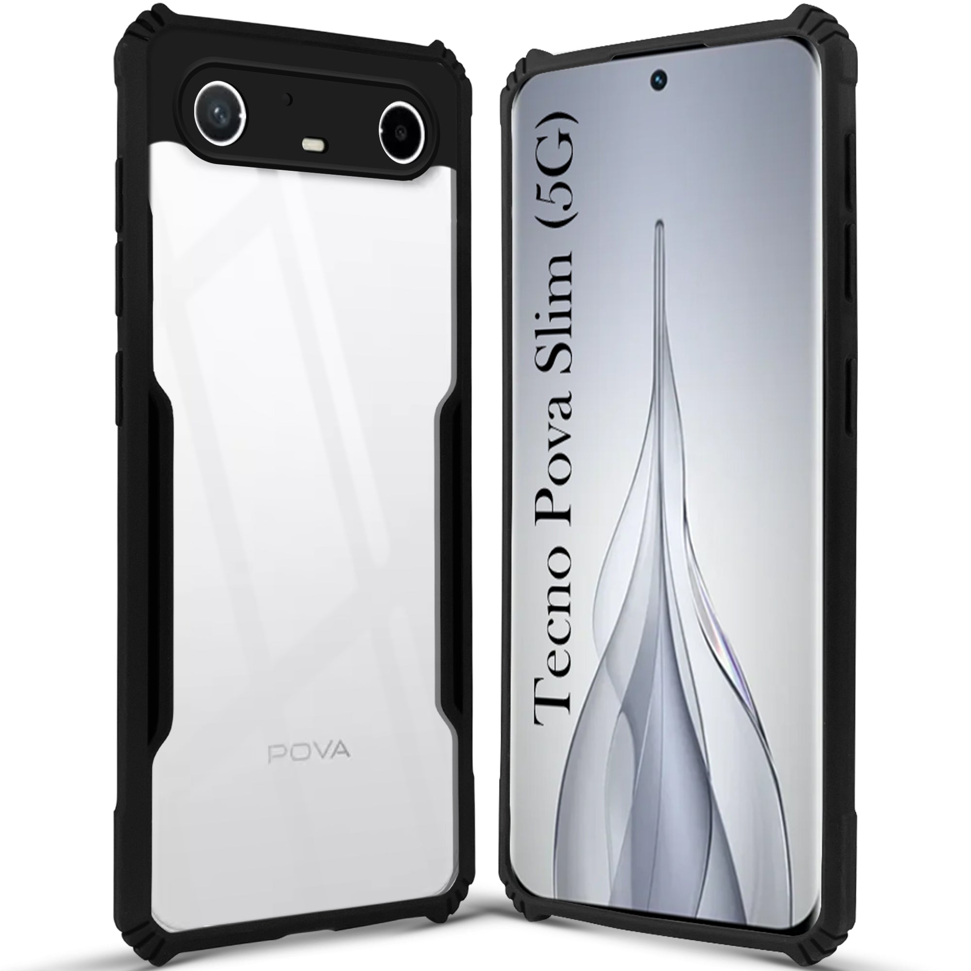 For Tecno Pova Slim Back Cover Case Hybrid (Shockproof with Polycarbonate Clear Panel | Professional Black)