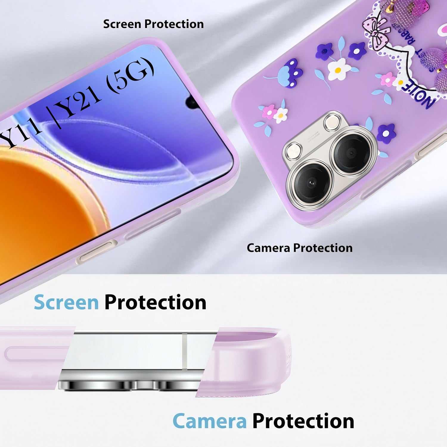 For Vivo Y11 | Vivo Y21 5G Back Cover Case (3D Cute Heart Strap Holder | Camera Protection | Designer Girls Print)