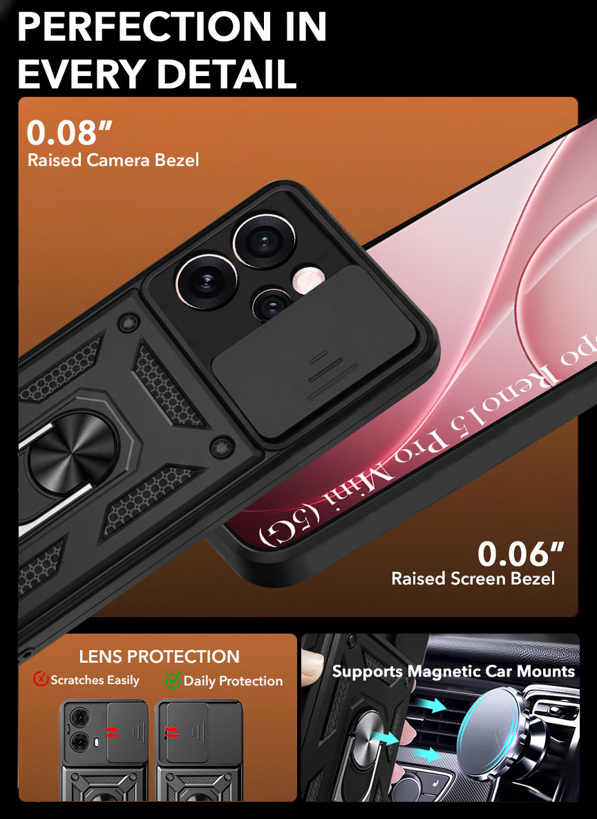 For Oppo Reno15 Pro Mini 5G | Oppo Reno 15 Pro Mini 5G Back Cover Case Hybrid Armor (Sliding Shutter Camera Protection | Polycarbonate |Ring Holder Kickstand)