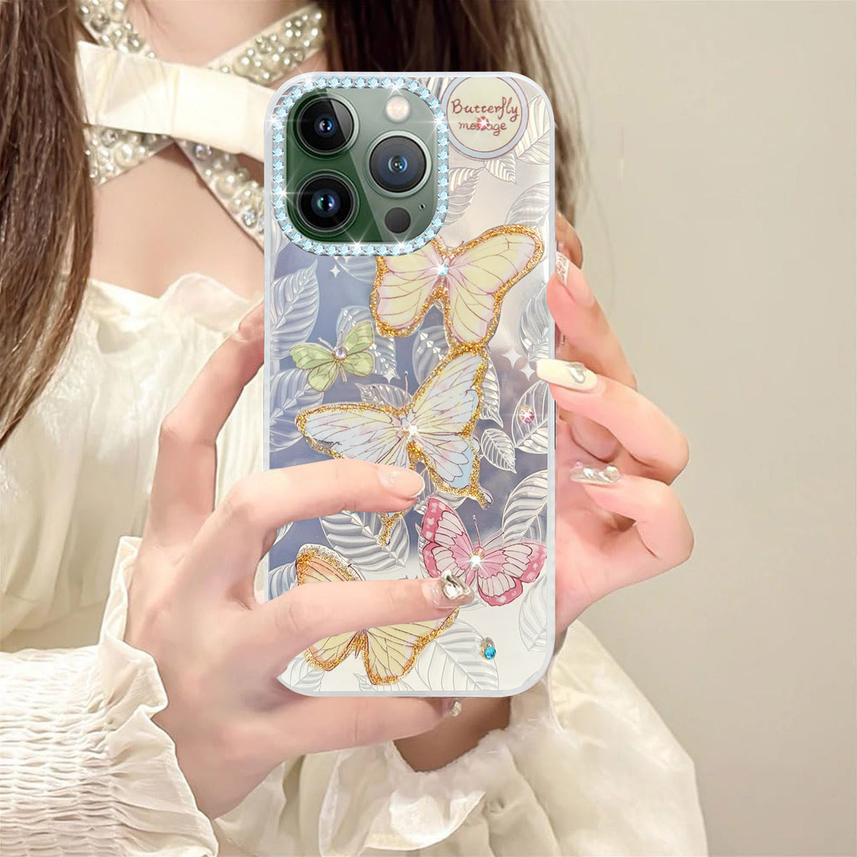 For Apple iPhone 13 Pro Back Cover Case (Luxury Floral Glitter Cute Butterfly | Diamond Studded Camera Bump | Girls & Women Design)