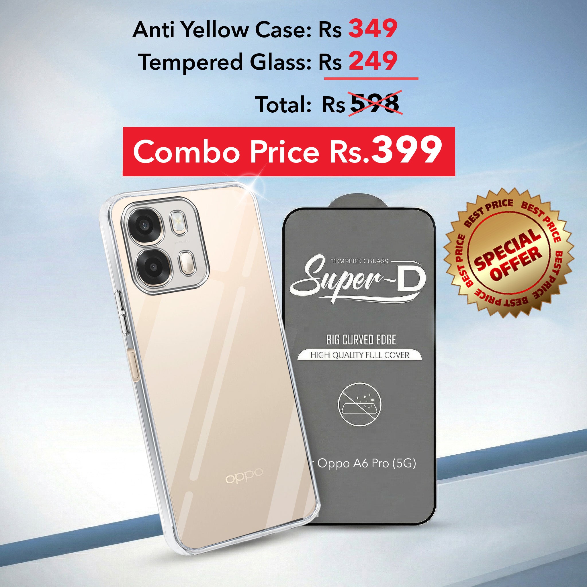 For Oppo A6 Pro Combo with Back Cover and 9H Tempered Glass (Lifetime Anti-Yellow | Sleek Hard Crystal | Oleophobic Coating Screen Glass)