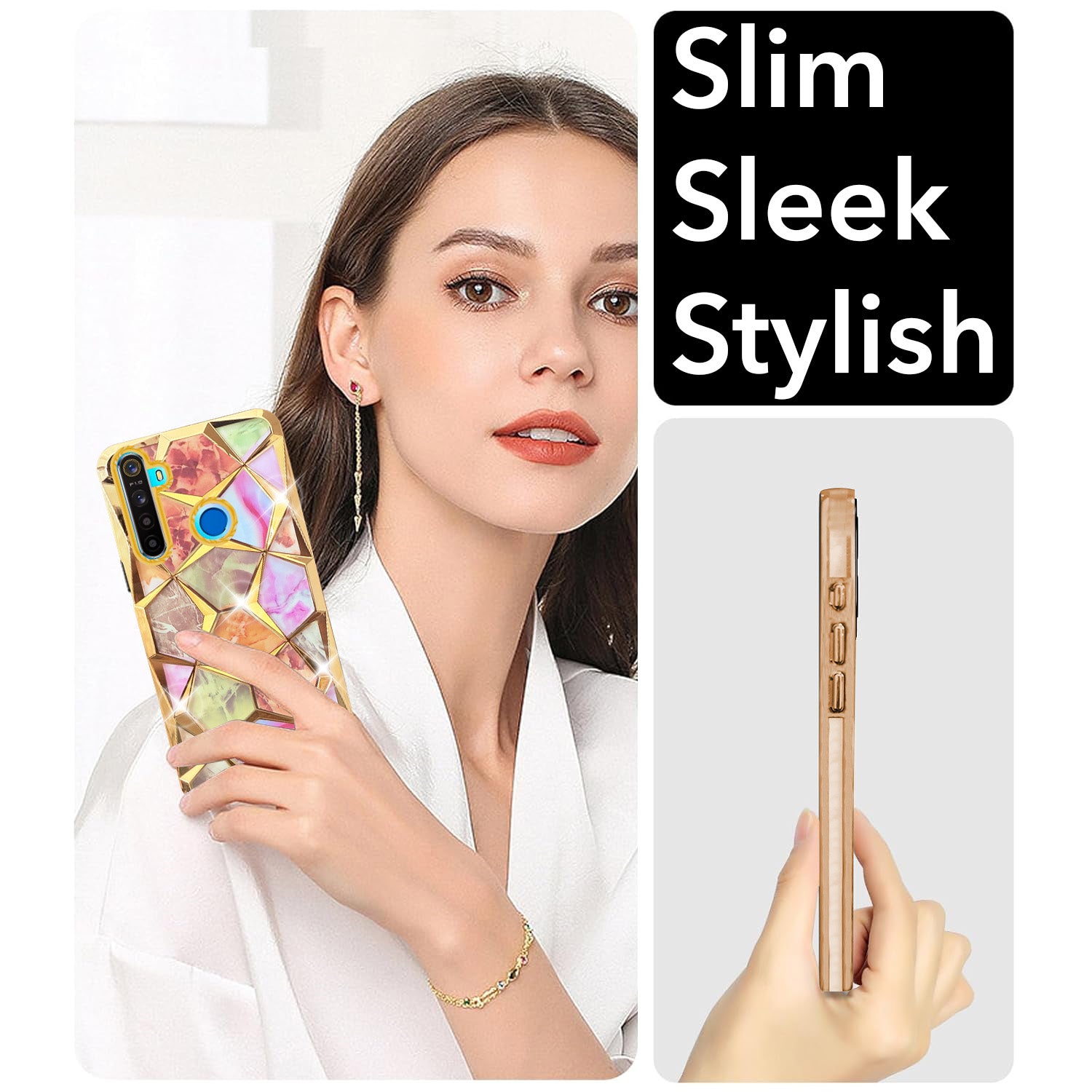 For Realme 5 | 5s | 5i Back Cover Case (Dual Design Glitter Sparkle and Detachable Diamond Print Case | Soft and Flexible)