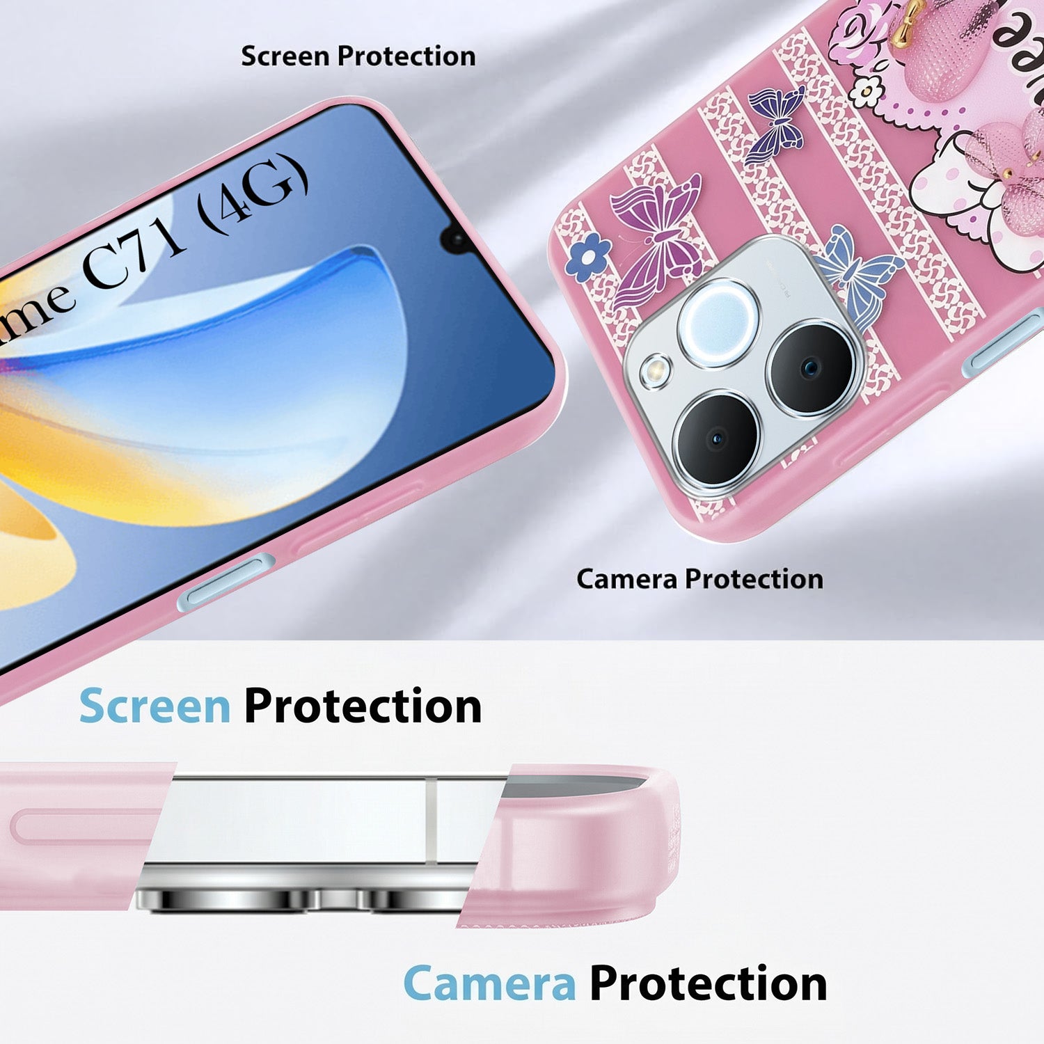 For Realme C71 Back Cover Case (3D Cute Heart Strap Holder | Camera Protection | Designer Girls Print)