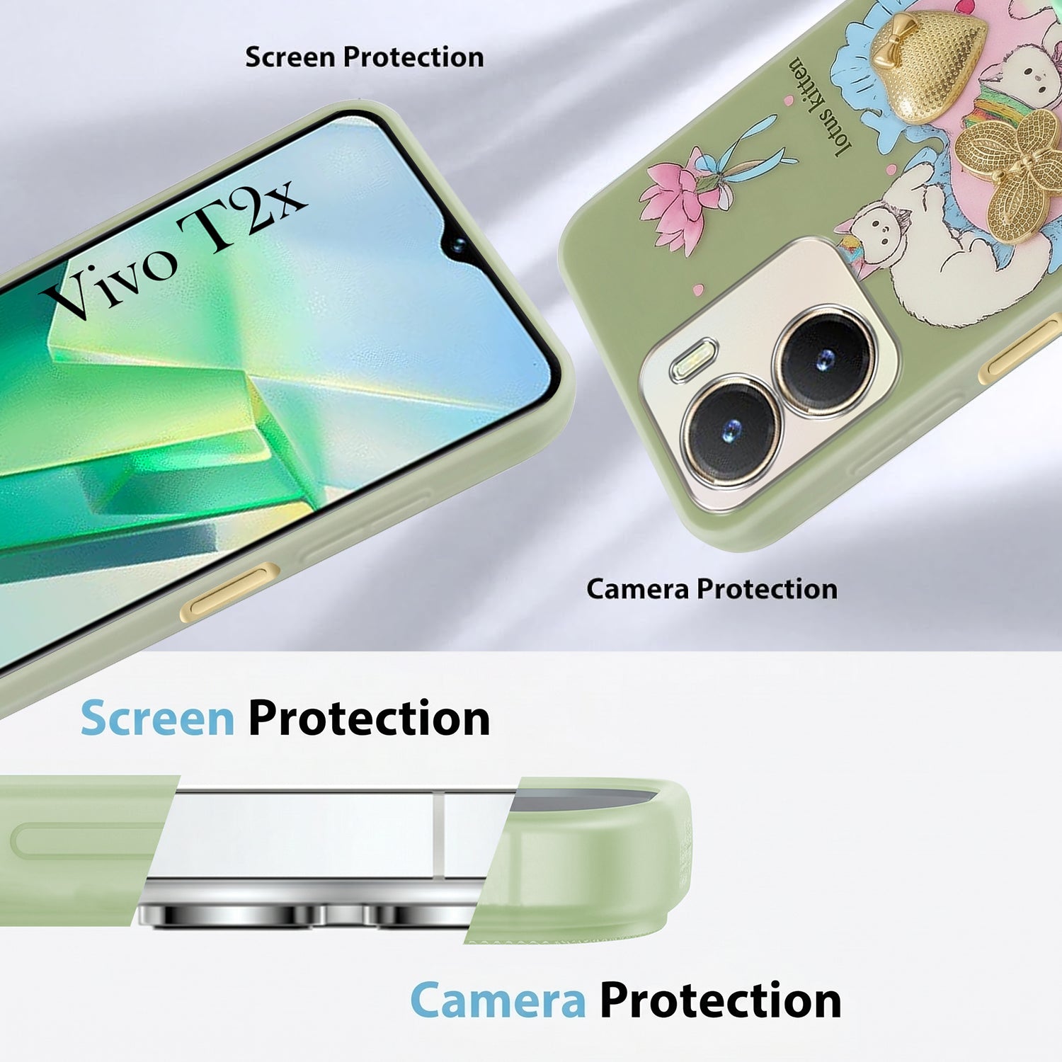 For Vivo T2x Back Cover Case (3D Cute Heart Strap Holder | Camera Protection | Designer Girls Print)