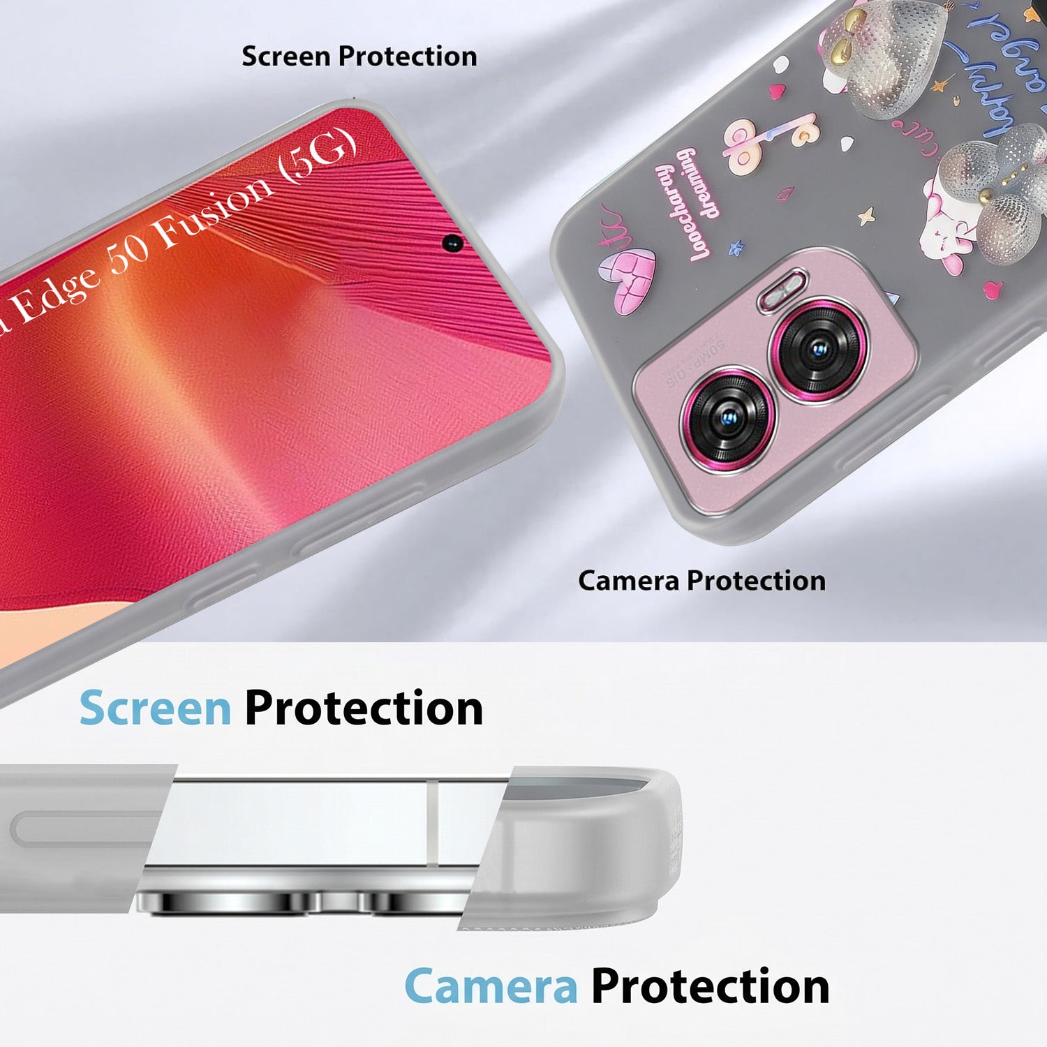 For Motorola Moto Edge 50 Fusion Back Cover Case (3D Cute Heart Strap Holder | Camera Protection | Designer Girls Print)