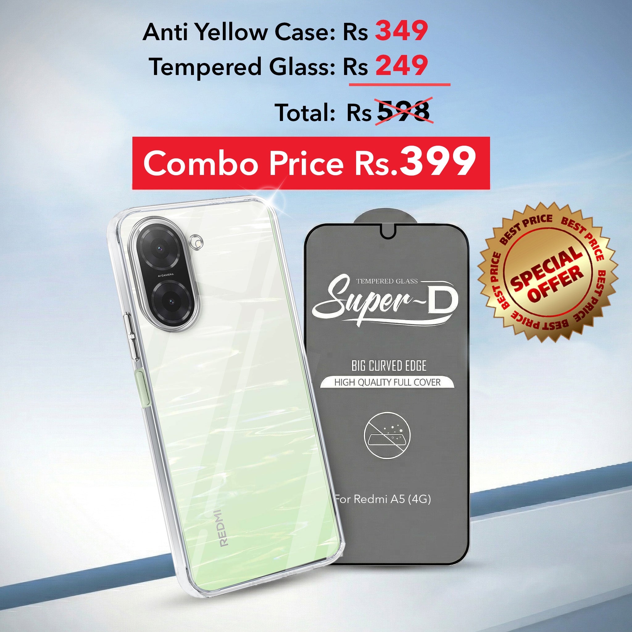 For Redmi A5 4G Combo with Back Cover and 9H Tempered Glass (Lifetime Anti-Yellow | Sleek Hard Crystal | Oleophobic Coating Screen Glass)