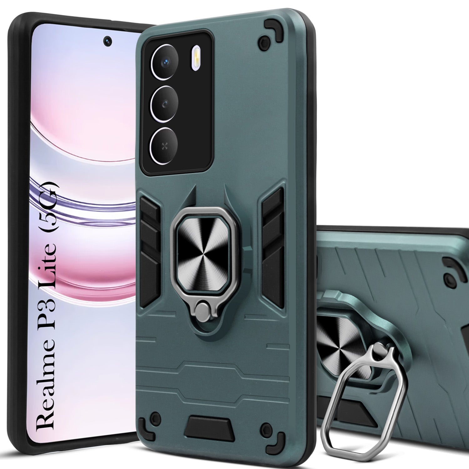 For Realme P3 Lite Hybrid Armor Back Cover Case (Shockproof Dual Layer Polycarbonate |Ring Holder Kickstand)