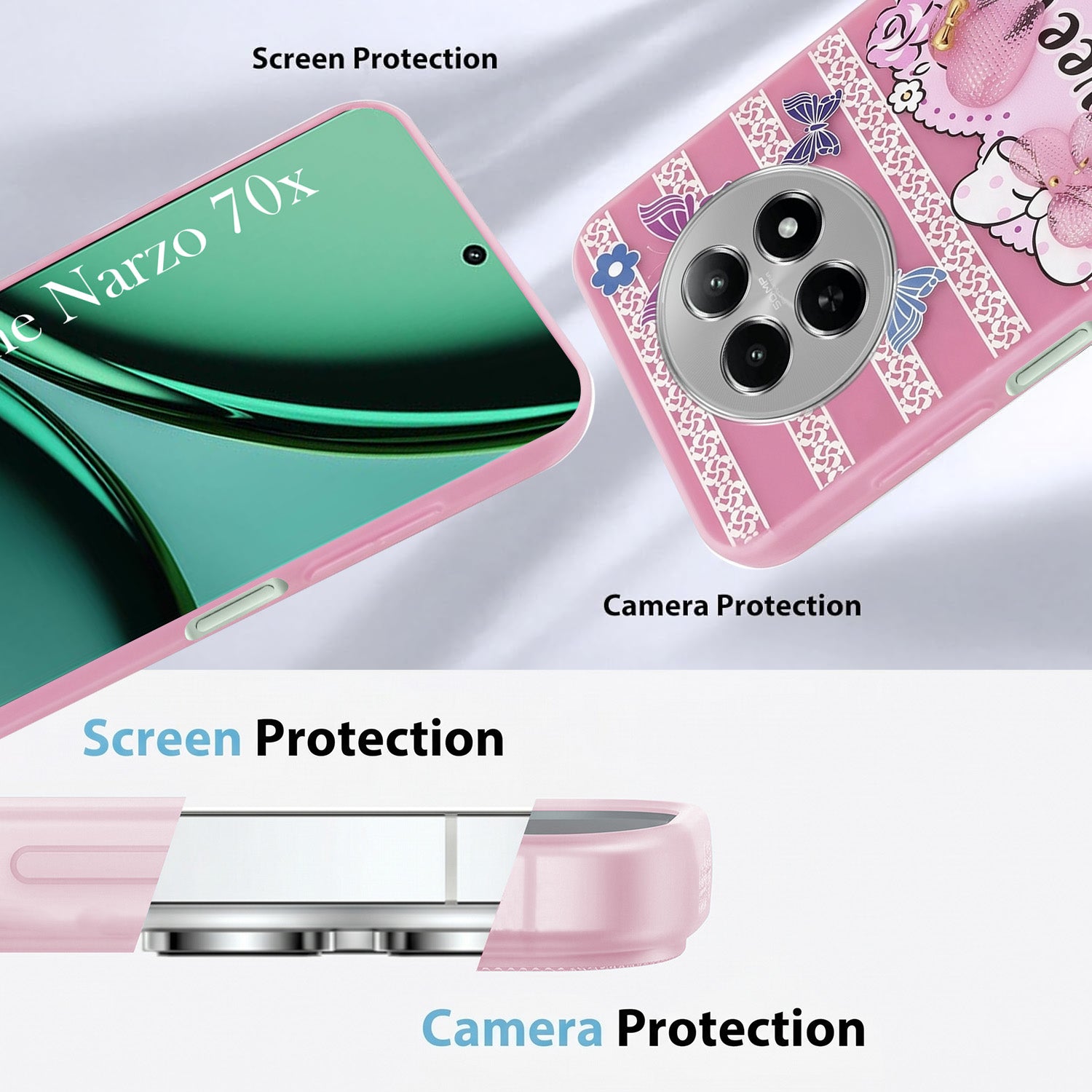 For Realme Narzo 70x 5G Back Cover Case (3D Cute Heart Strap Holder | Camera Protection | Designer Girls Print)