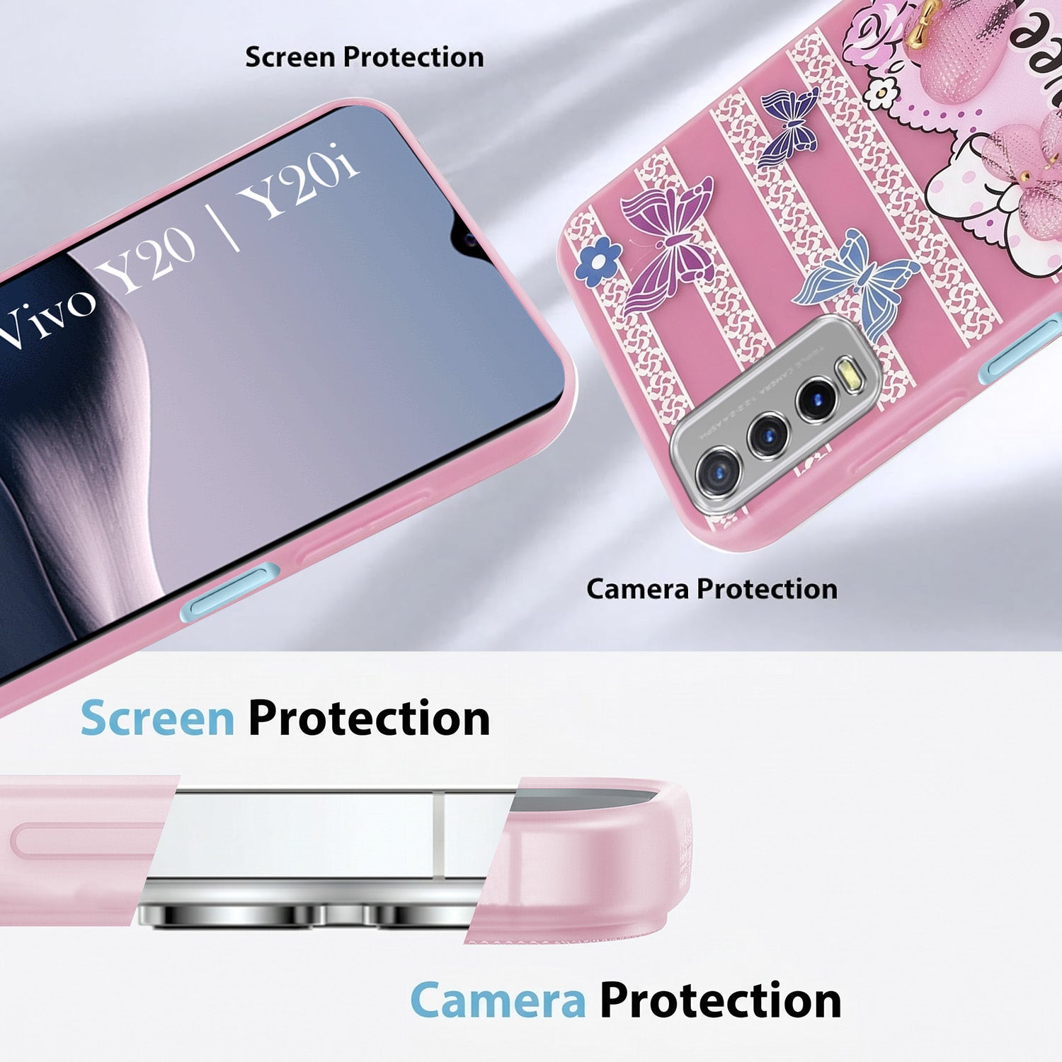 For Vivo Y20 | Y20i  Back Cover Case (3D Cute Heart Strap Holder | Camera Protection | Designer Girls Print)