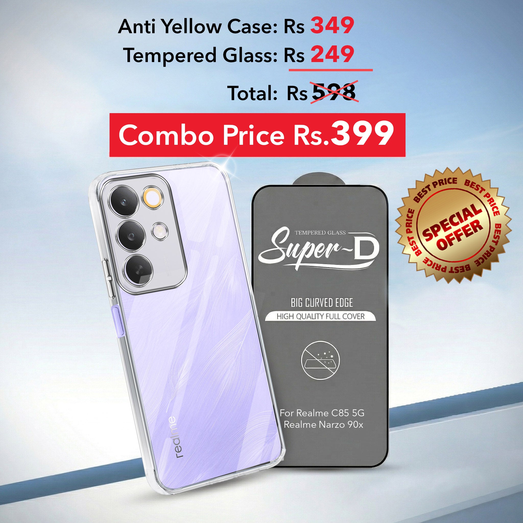 For Realme C85 5G | Realme Narzo 90x Combo with Back Cover and 9H Tempered Glass (Lifetime Anti-Yellow | Sleek Hard Crystal | Oleophobic Coating Screen Glass)
