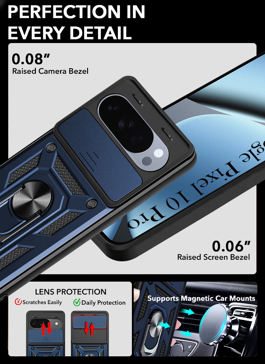 For Google Pixel 10 Pro Back Cover Case (Sliding Shutter Camera Protection | Polycarbonate |Ring Holder Kickstand)