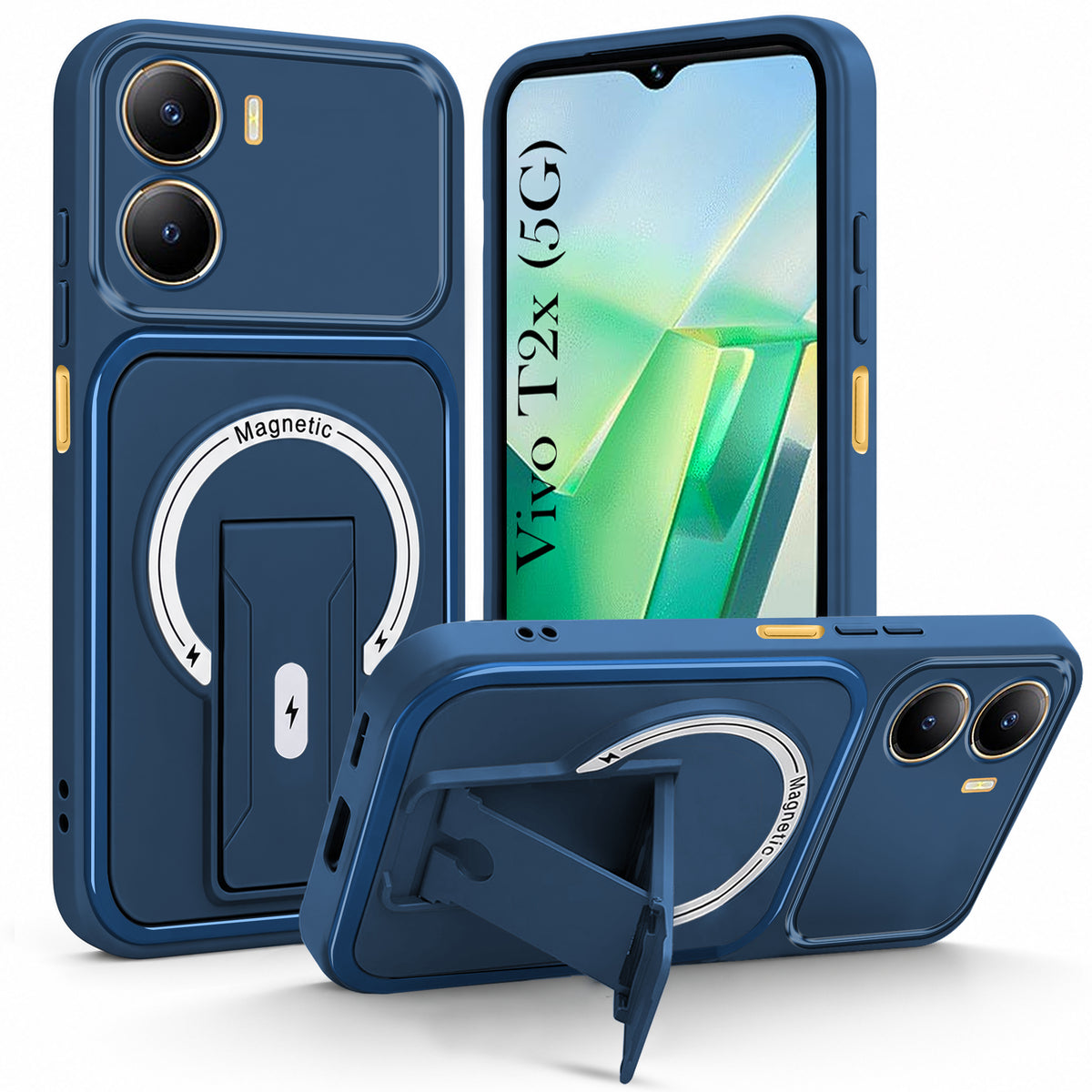 For Vivo T2x Back Case Cover Metallic (Hybrid Armor Kickstand | MagSafe Compatible | Camera Protection Shockproof)