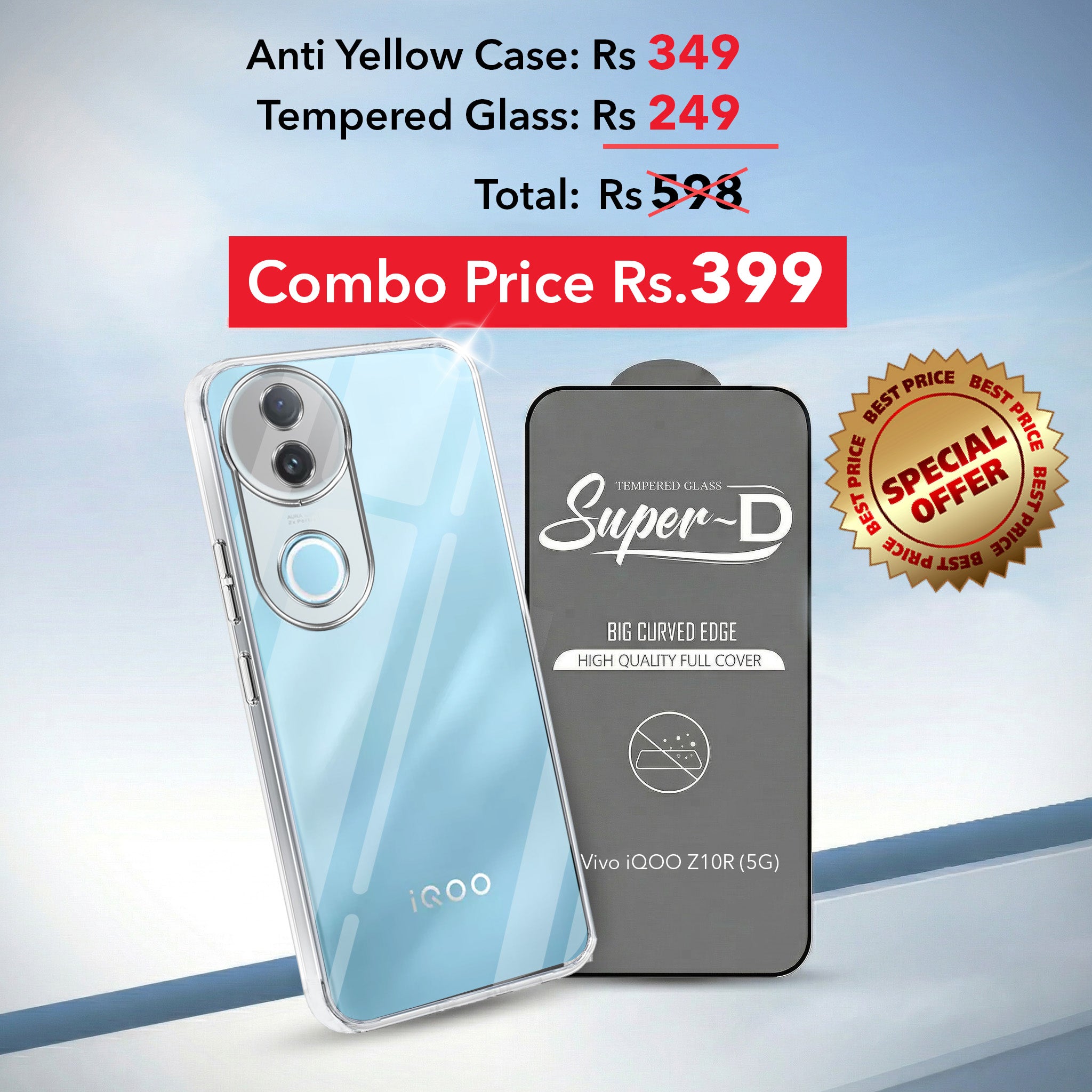 For Vivo iQOO Z10R Combo with Back Cover and 9H Tempered Glass (Lifetime Anti-Yellow | Sleek Hard Crystal | Oleophobic Coating Screen Glass)