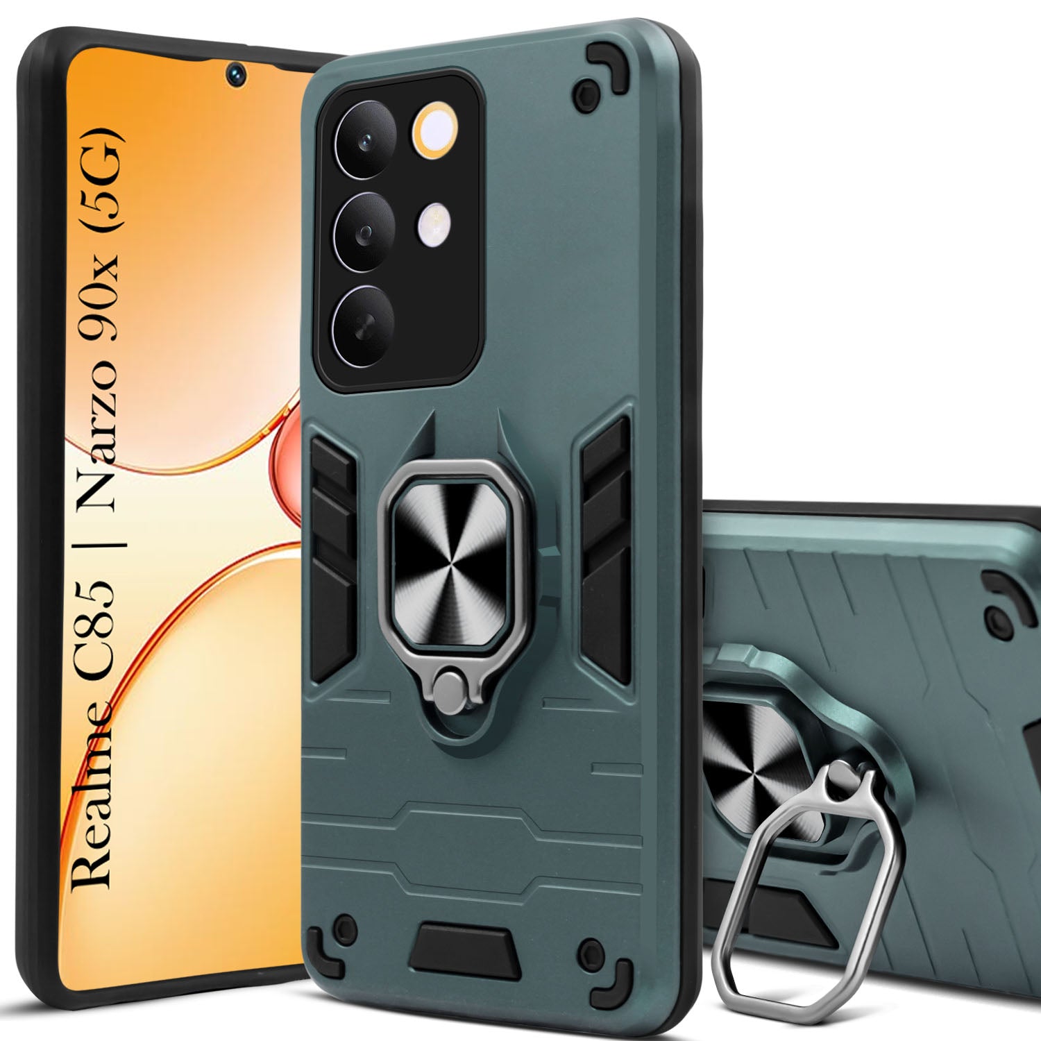 For Realme C85 5G | Realme Narzo 90x Back Cover Case Hybrid Armor (Shockproof Dual Layer Polycarbonate |Ring Holder Kickstand)