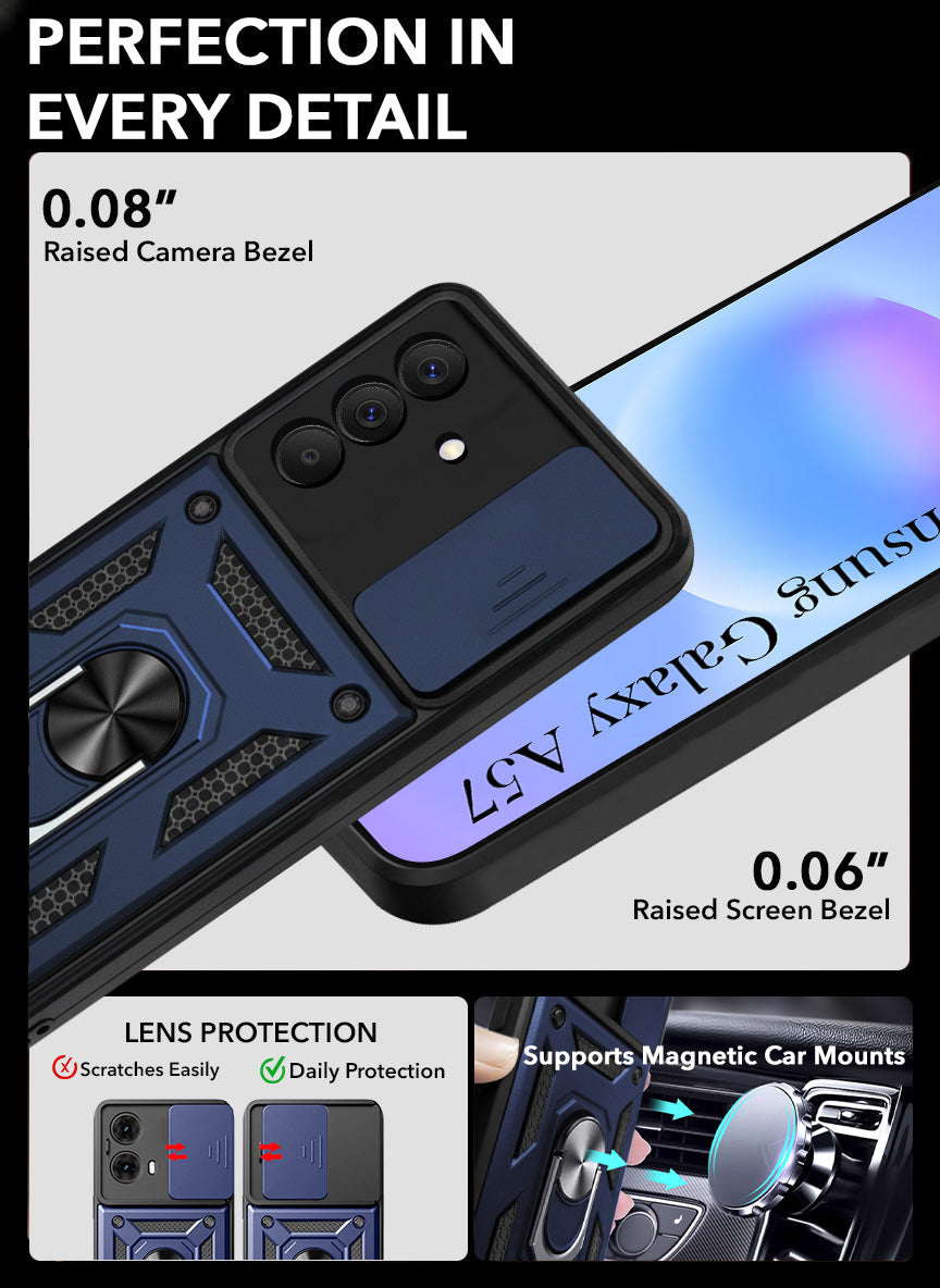 For Samsung Galaxy A57 5G Back Cover Case Hybrid Armor (Sliding Shutter Camera Protection | Polycarbonate |Ring Holder Kickstand)