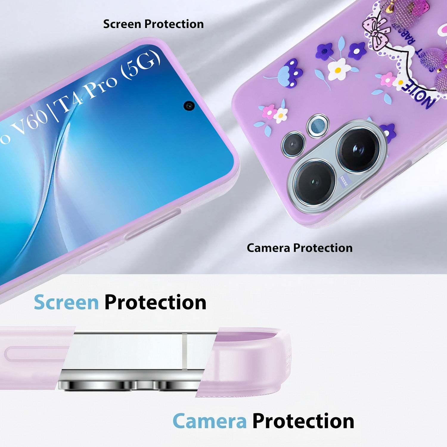 For Vivo V60 | Vivo T4 Pro Back Cover Case (3D Cute Heart Strap Holder | Camera Protection | Designer Girls Print)