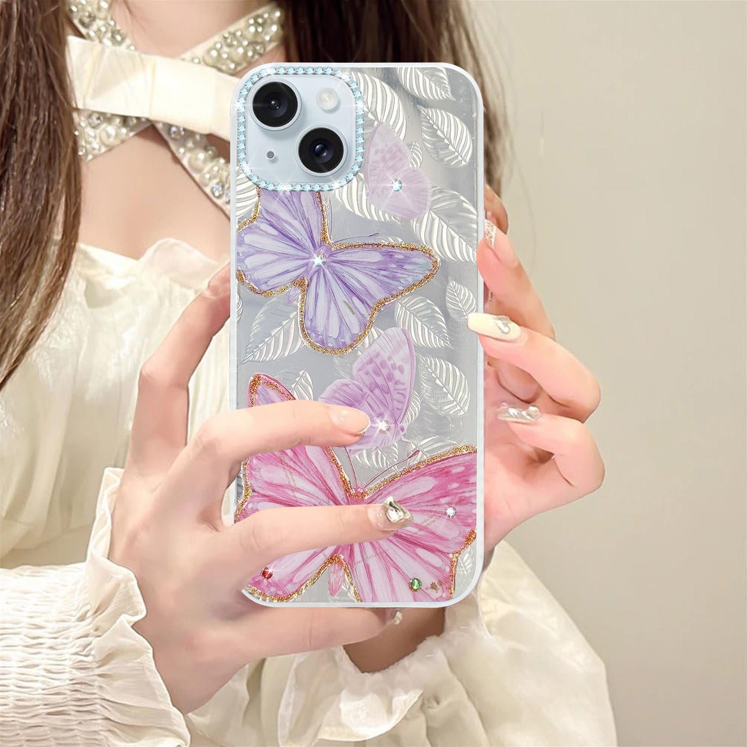 For Apple iPhone 15 Back Cover Case (Luxury Floral Glitter Cute Butterfly | Diamond Studded Camera Bump | Girls & Women Design)