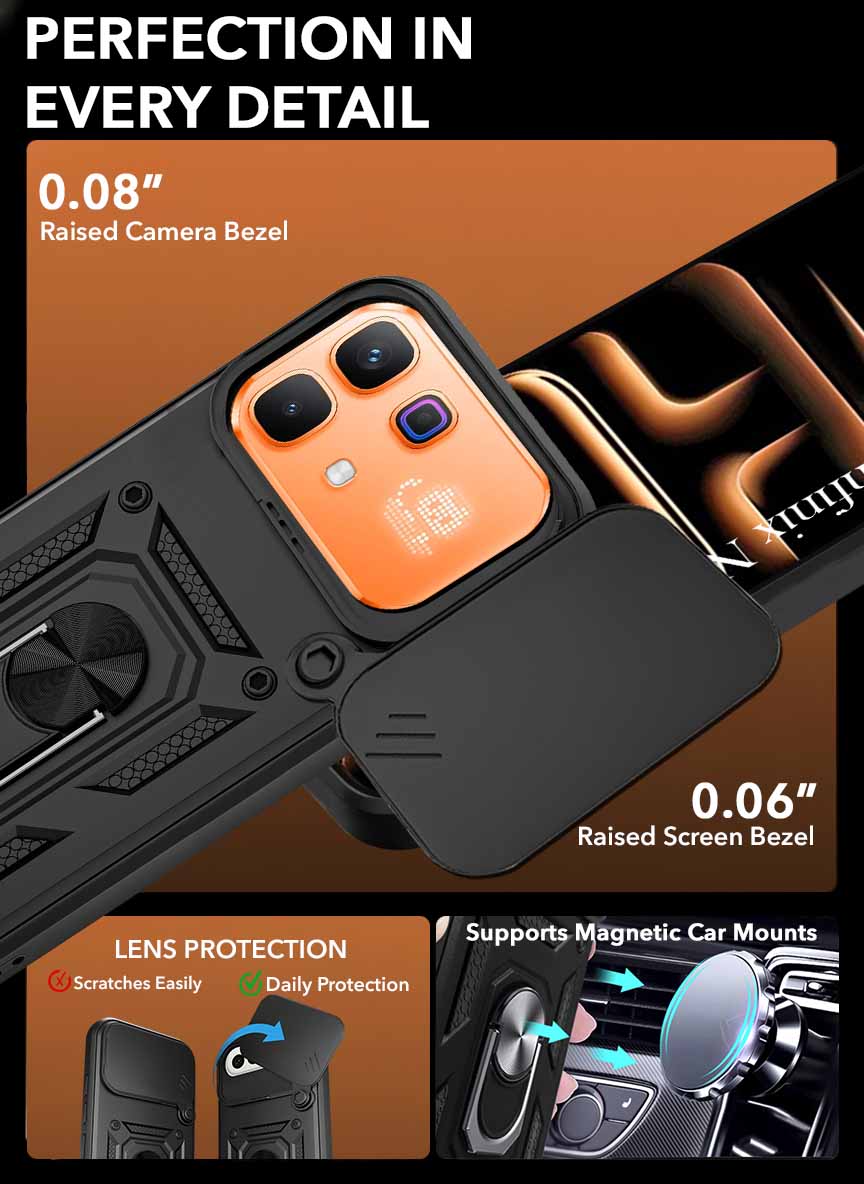 For Infinix Note 60 Pro 5G Back Cover Case Hybrid Armor (Sliding Shutter Camera Protection | Polycarbonate |Ring Holder Kickstand)