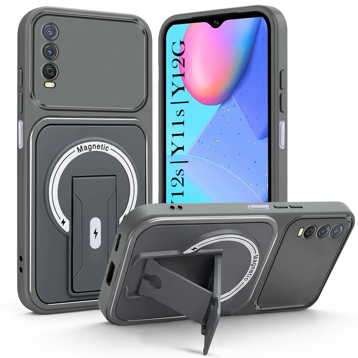 For Vivo Y12s | Y11s | Y12G Back Case Cover Metallic (Hybrid Armor Kickstand | MagSafe Compatible | Camera Protection Shockproof)