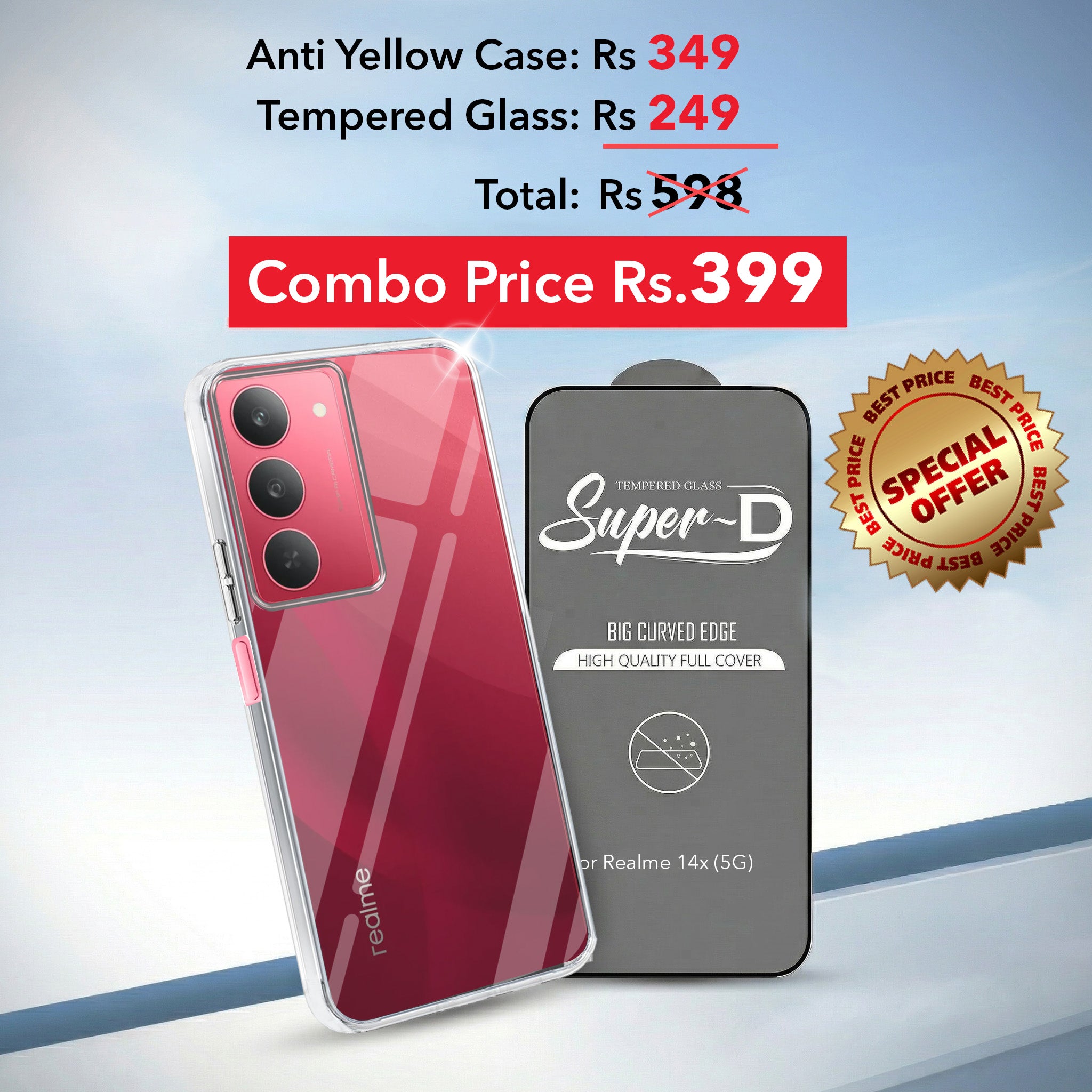 For Realme 14X Combo with Back Cover and 9H Tempered Glass (Lifetime Anti-Yellow | Sleek Hard Crystal | Oleophobic Coating Screen Glass)