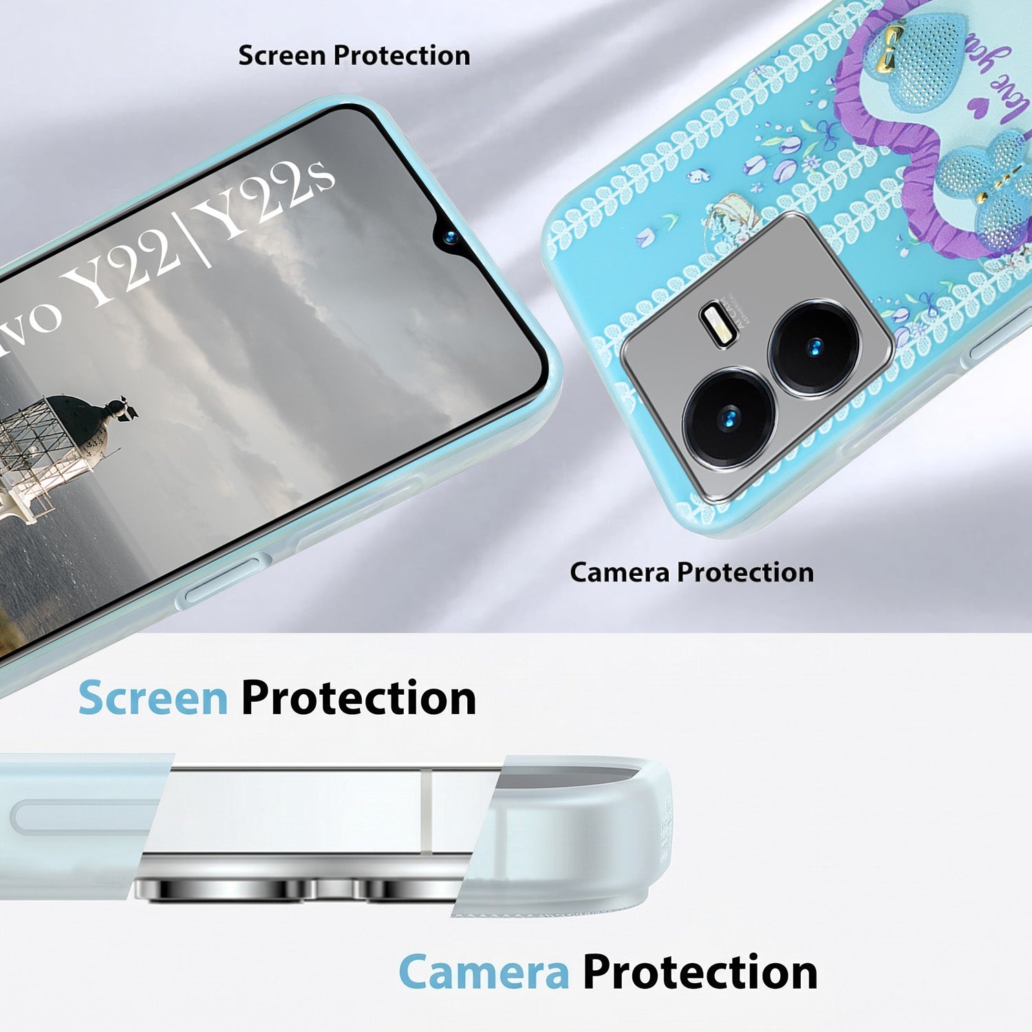 For Vivo Y22 | Vivo Y22s Back Cover Case (3D Cute Heart Strap Holder | Camera Protection | Designer Girls Print)
