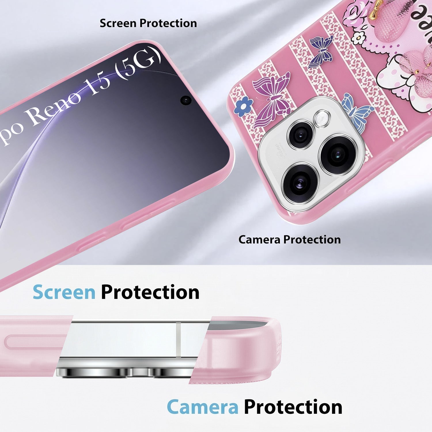 For Oppo Reno15 5G Back Cover Case (3D Cute Heart Strap Holder | Camera Protection | Designer Girls Print)