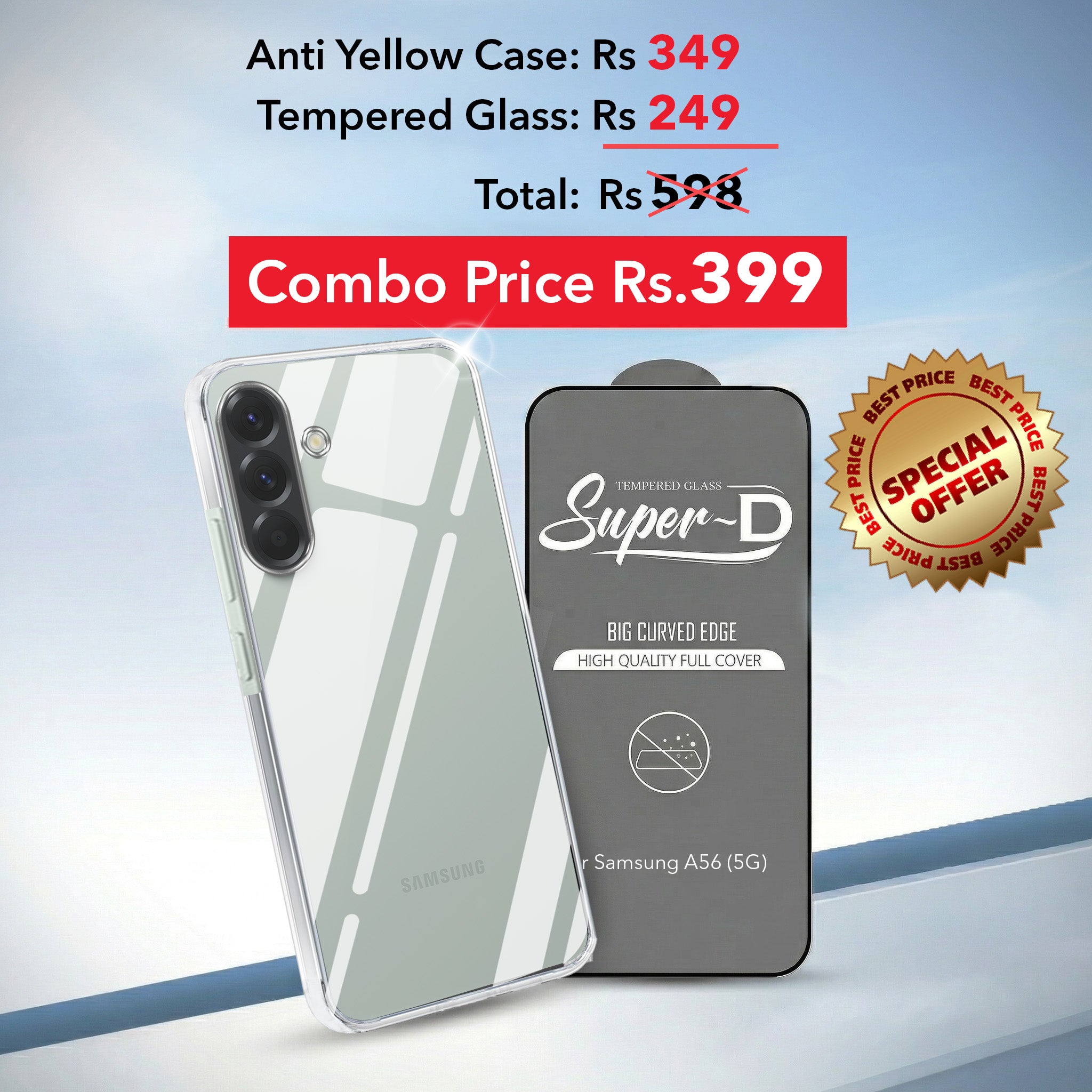 For Samsung Galaxy A56 Combo with Back Cover and 9H Tempered Glass (Lifetime Anti-Yellow | Sleek Hard Crystal | Oleophobic Coating Screen Glass)