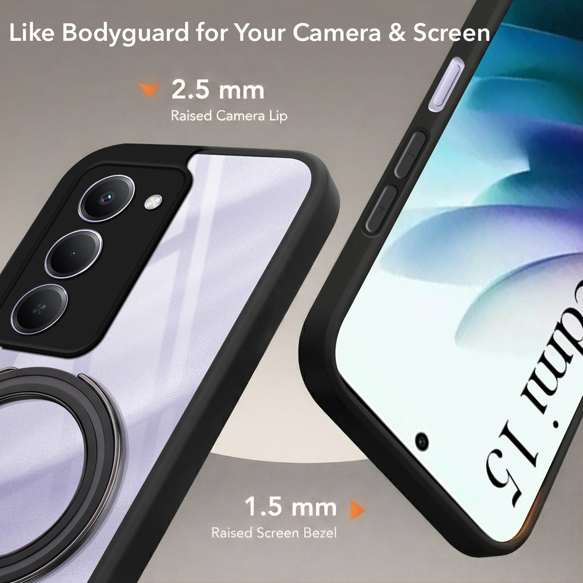 For Redmi 15 Back Cover Case (Kick Stand Ring Holder | Life time Anti Yellow | Camera Protection)